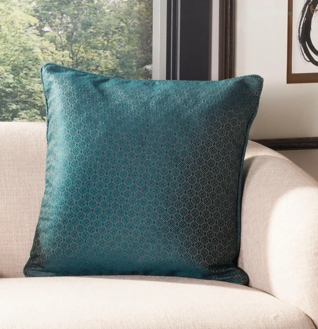 Aderyn Pillow in Green / Beige in a styled room