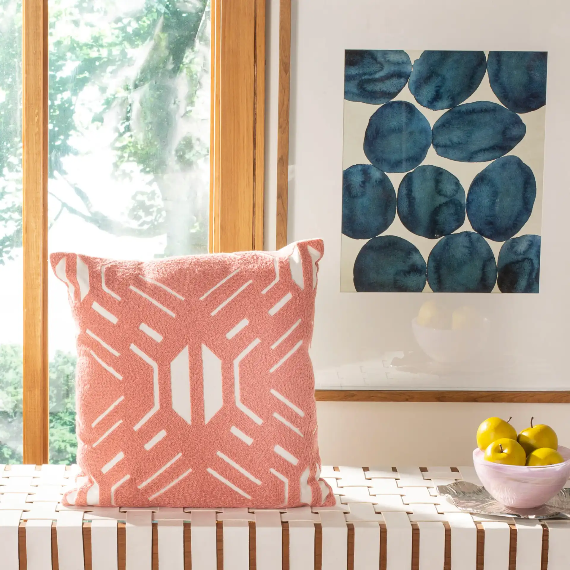 Kassidy Pillow in Blush / White in a styled room