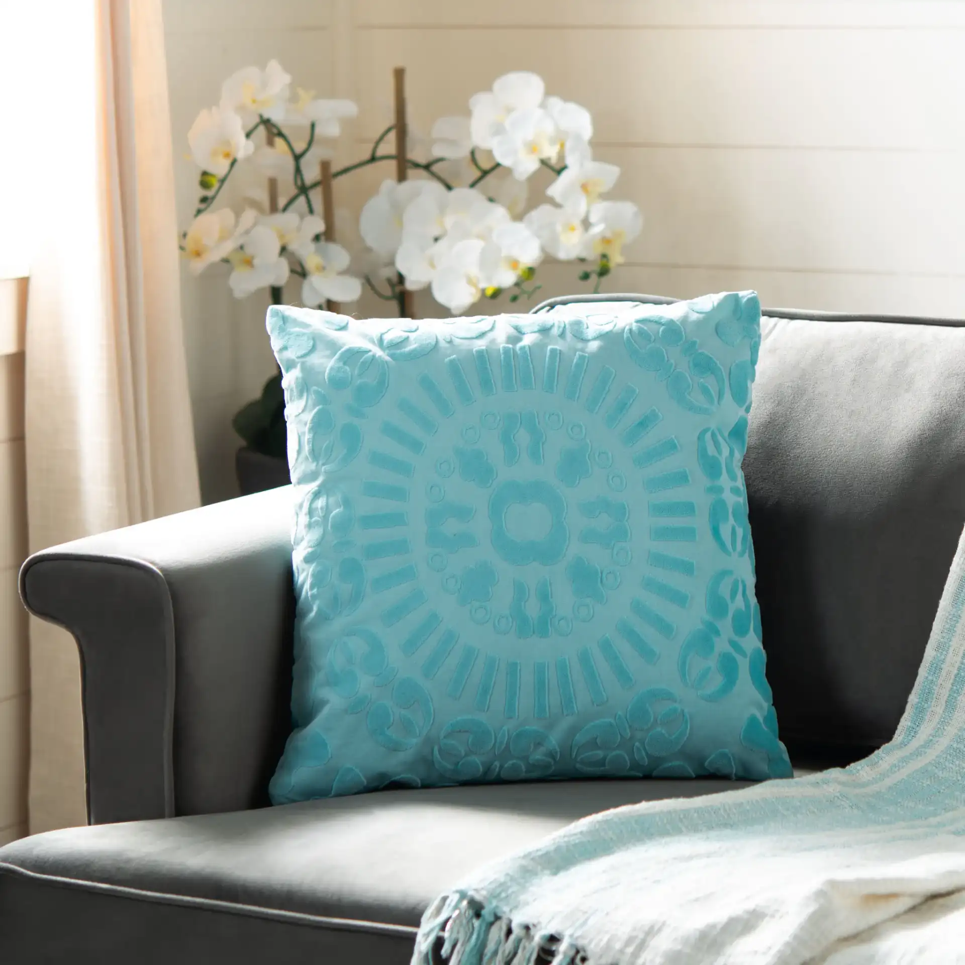 Shayla Pillow in Teal in a styled room