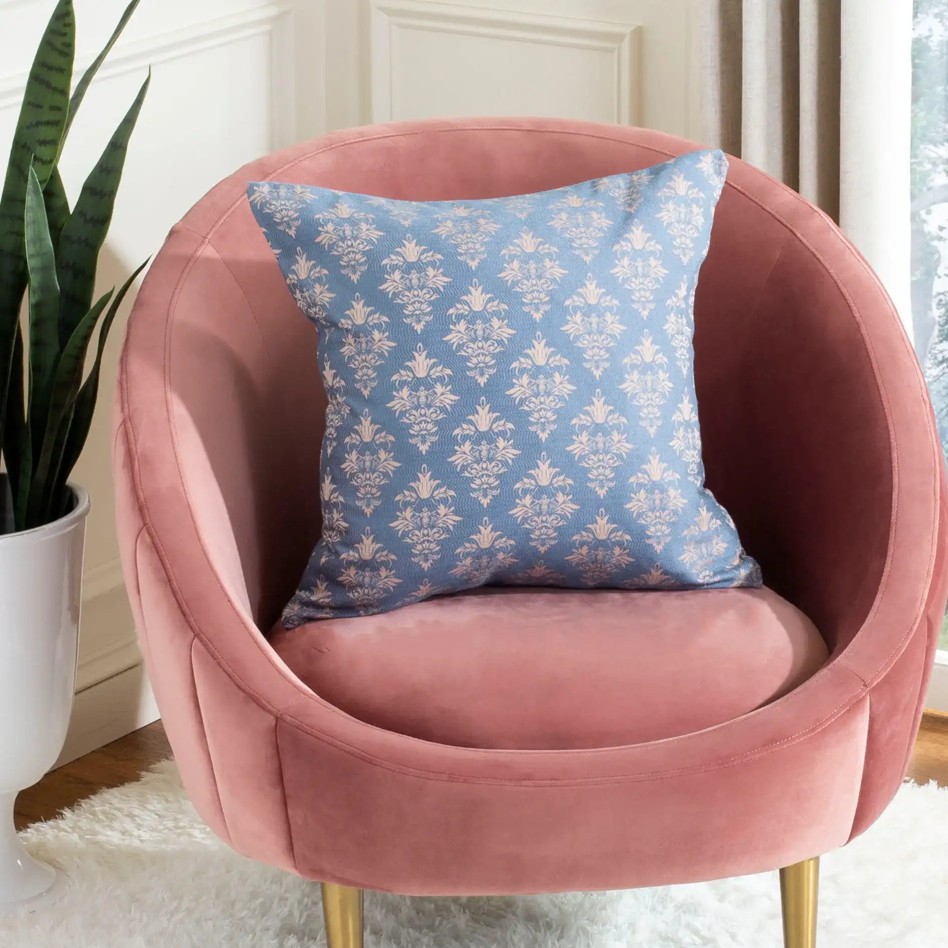 Seanna Pillow in Blue / Tan in a styled room