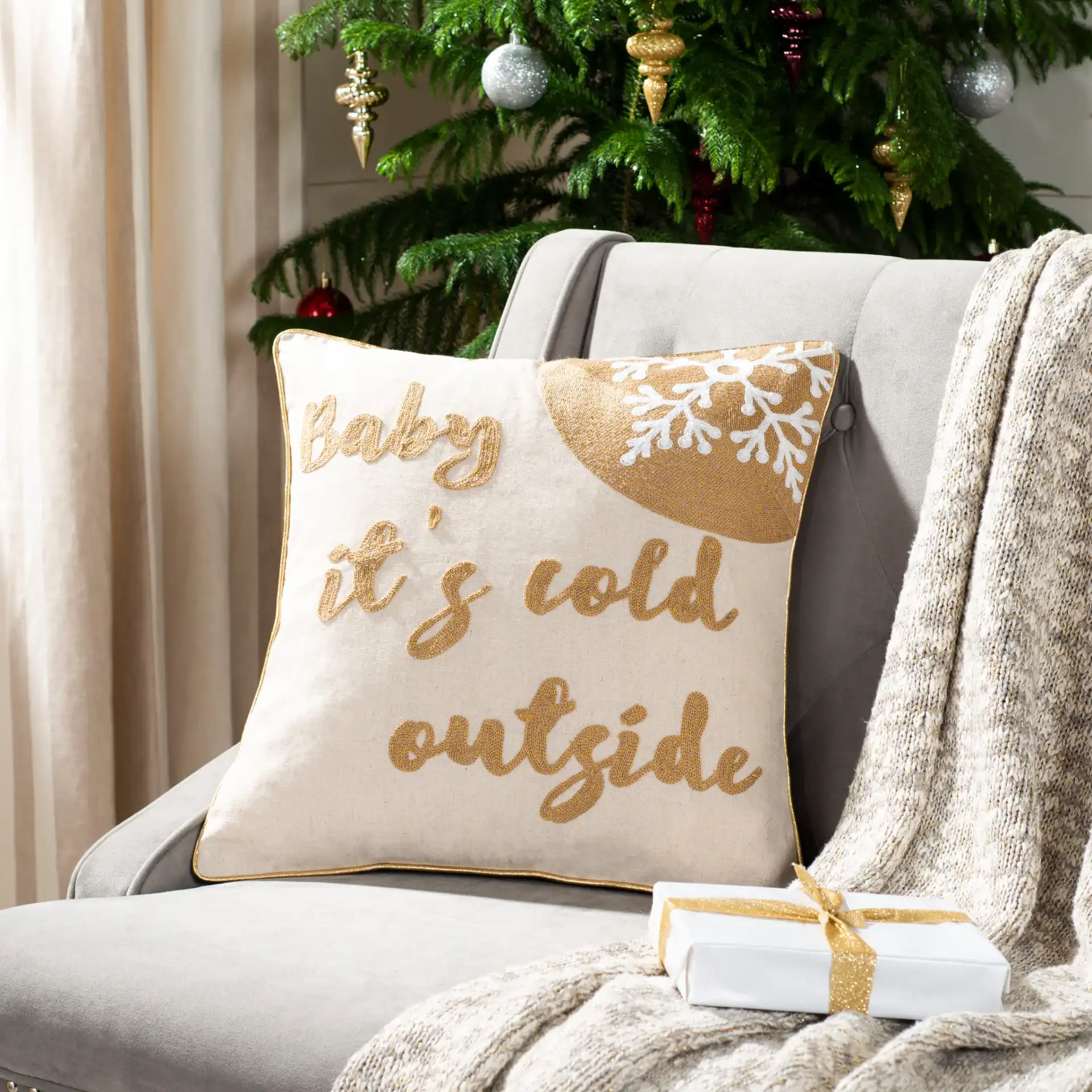 Cold Outside Pillow in Beige / Gold, detail view