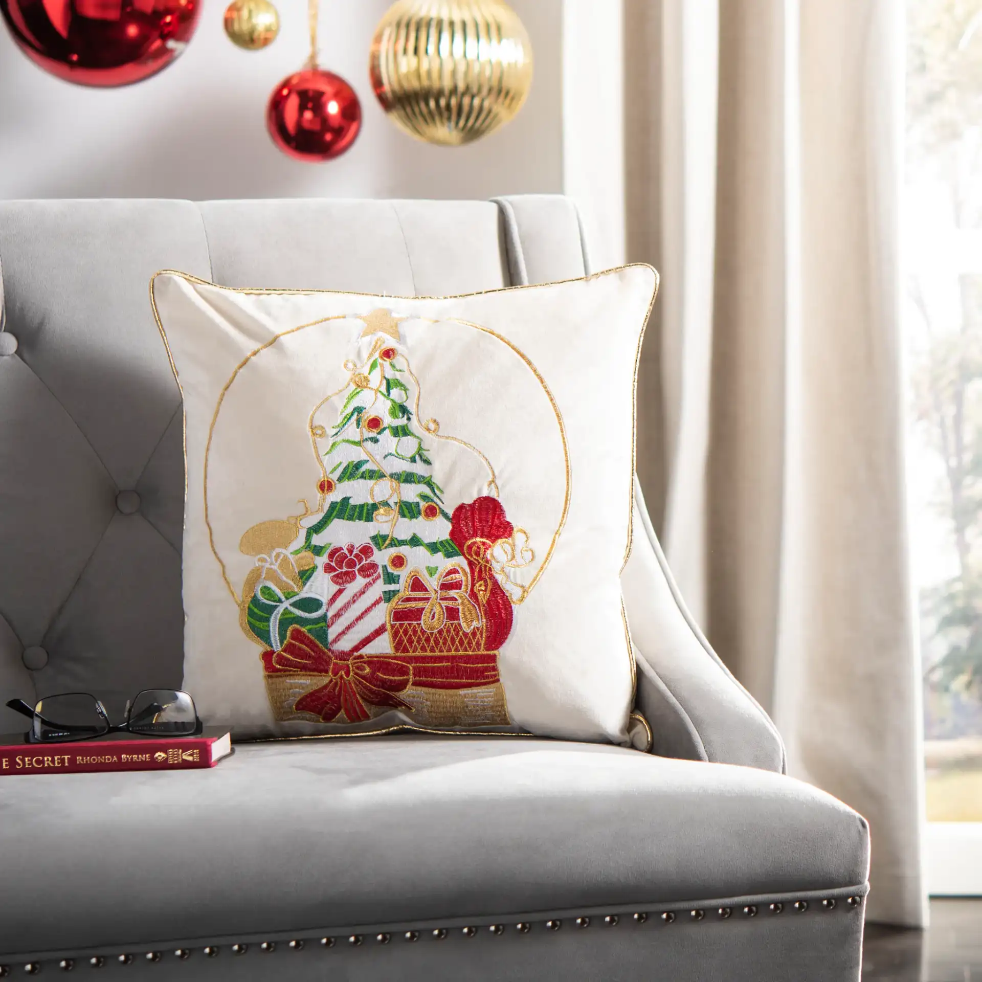 Junie Pillow in Beige / Red in a styled room