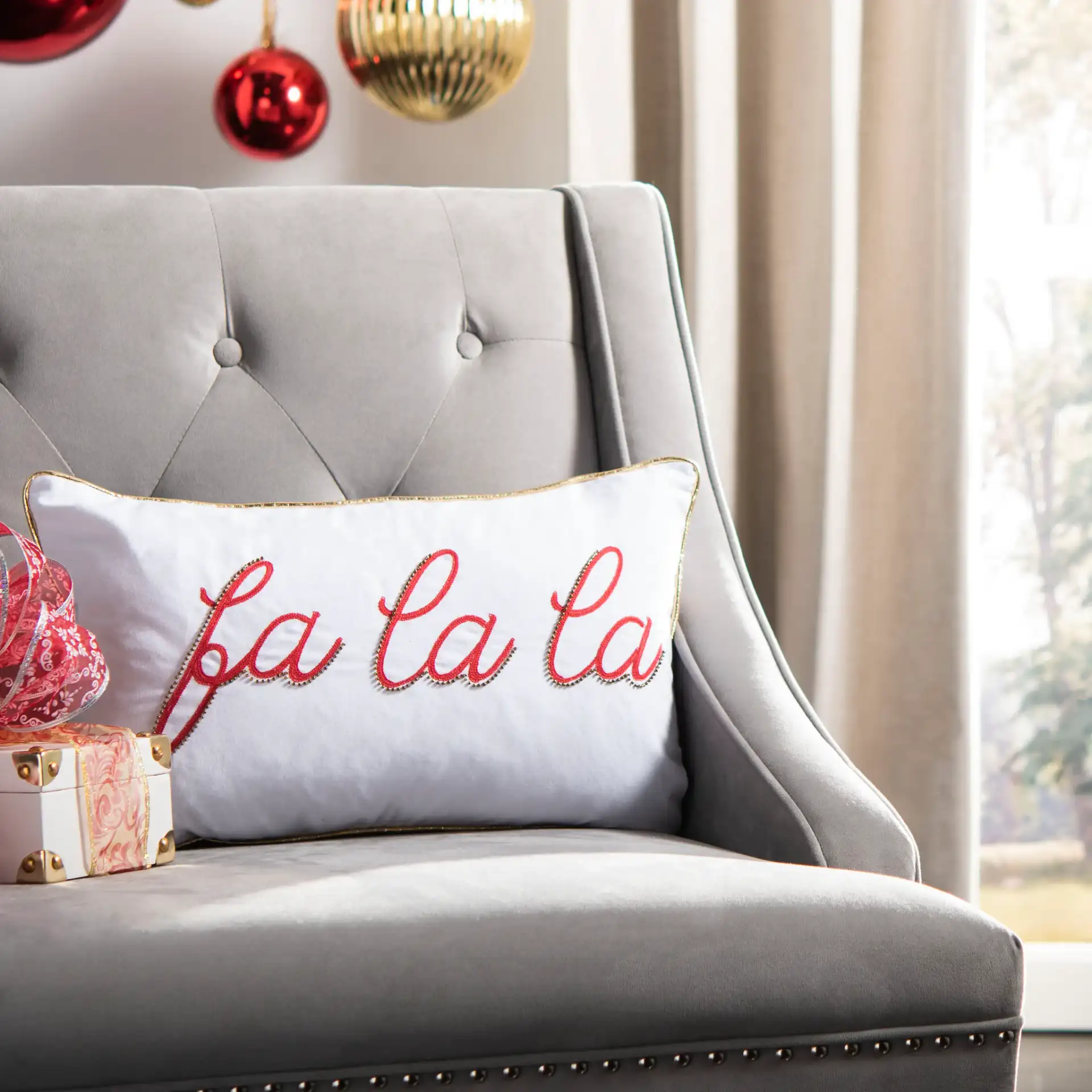 Fa La La Pillow in Ivory / Red in a styled room