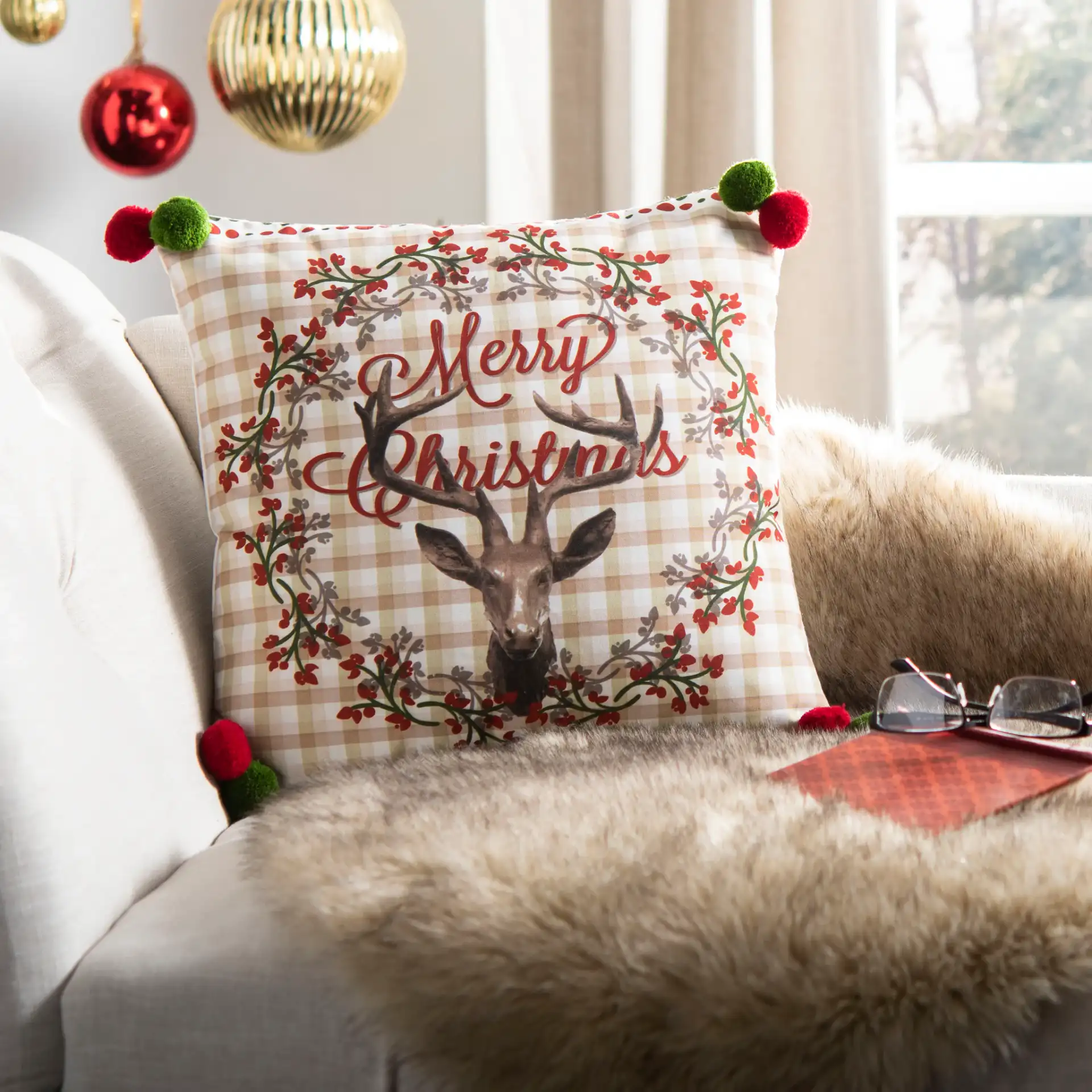 Darton Pillow in Champagne / Red in a styled room