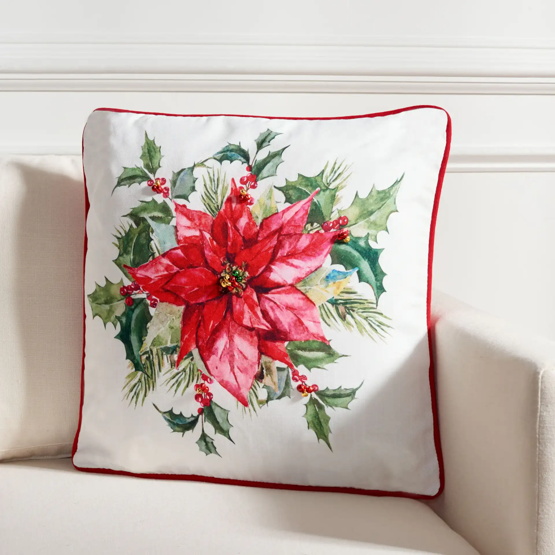 Gwendolen Pillow in Beige / Red / Green in a styled room