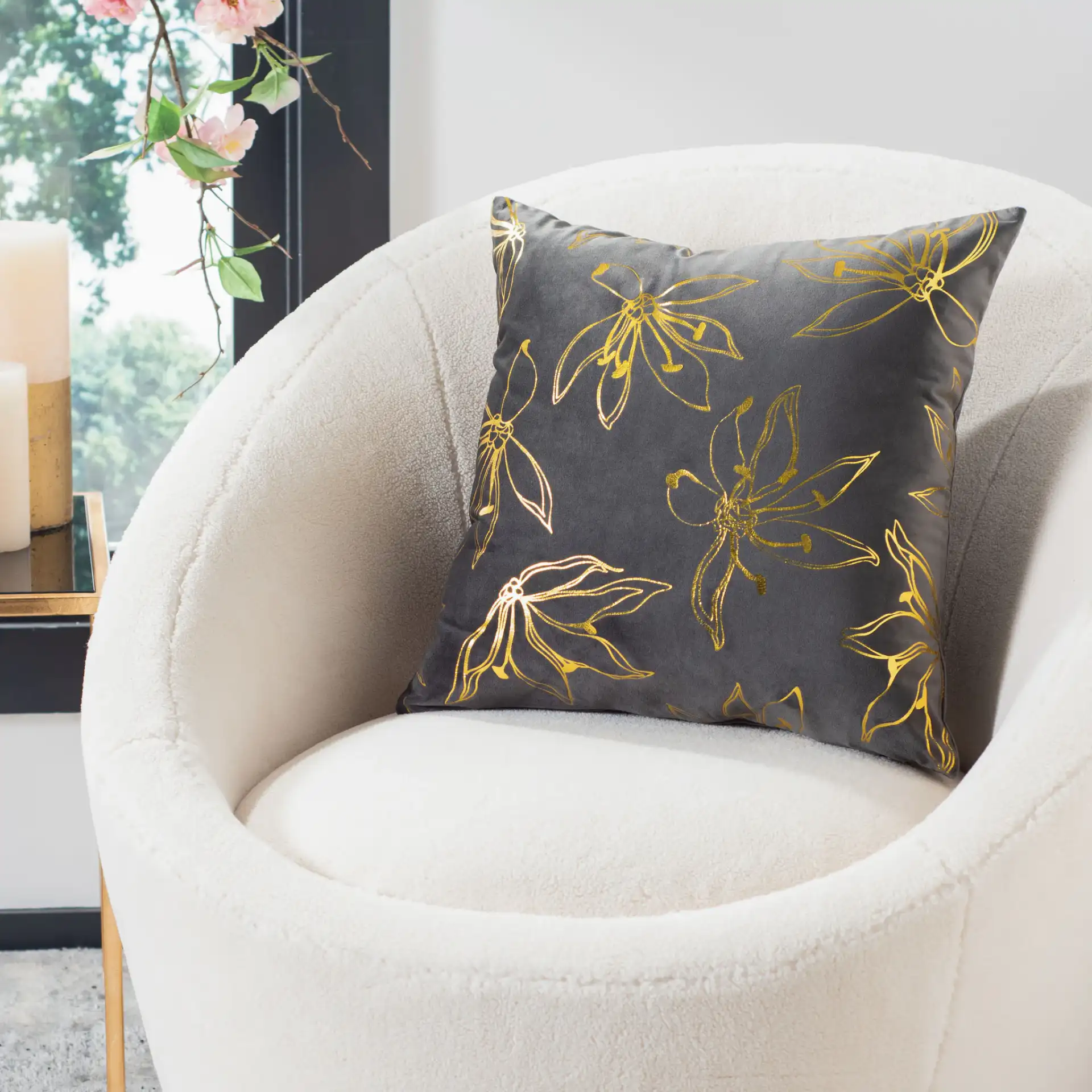 Yari Pillow in Gray / Gold in a styled room