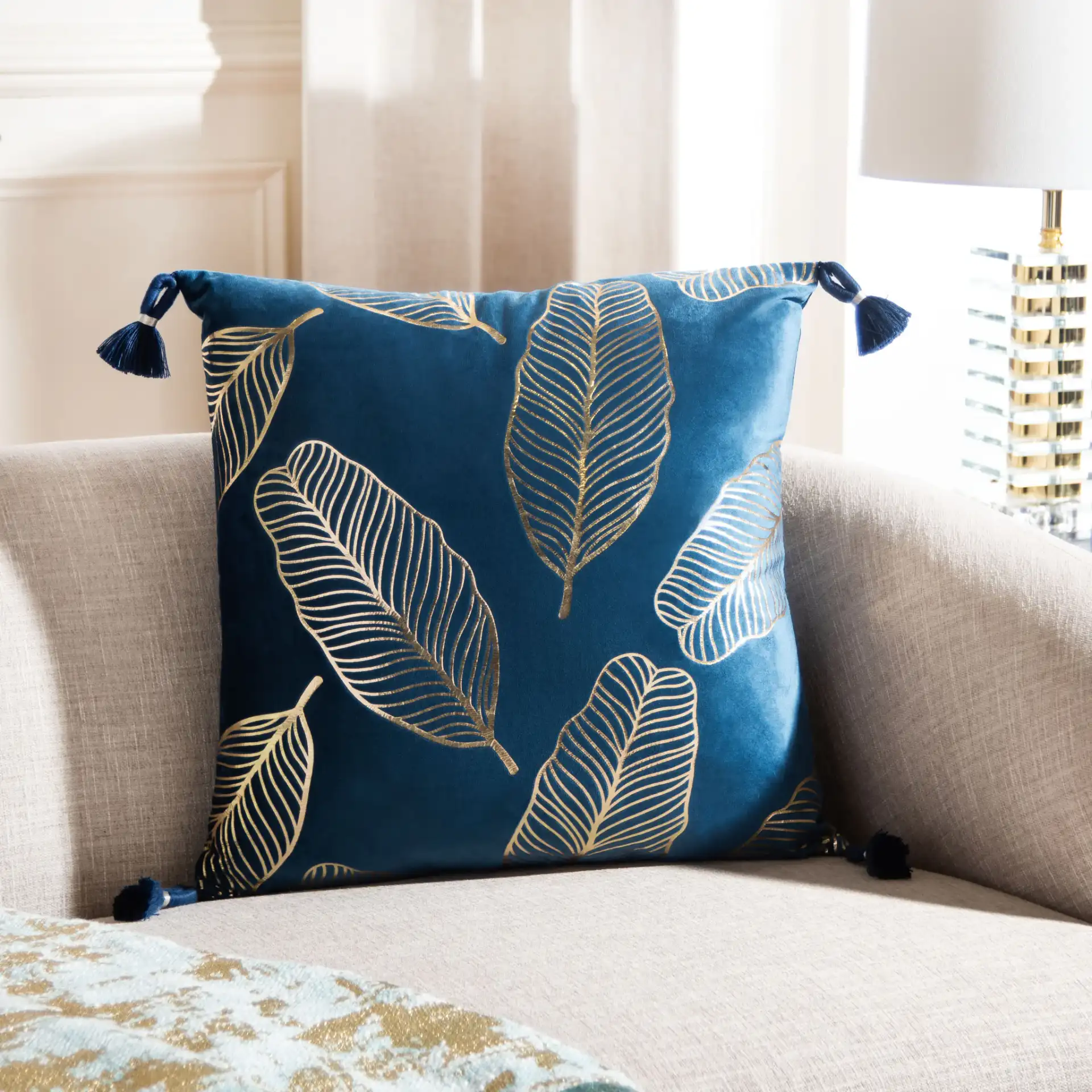 Darlia Pillow in Dark Blue in a styled room