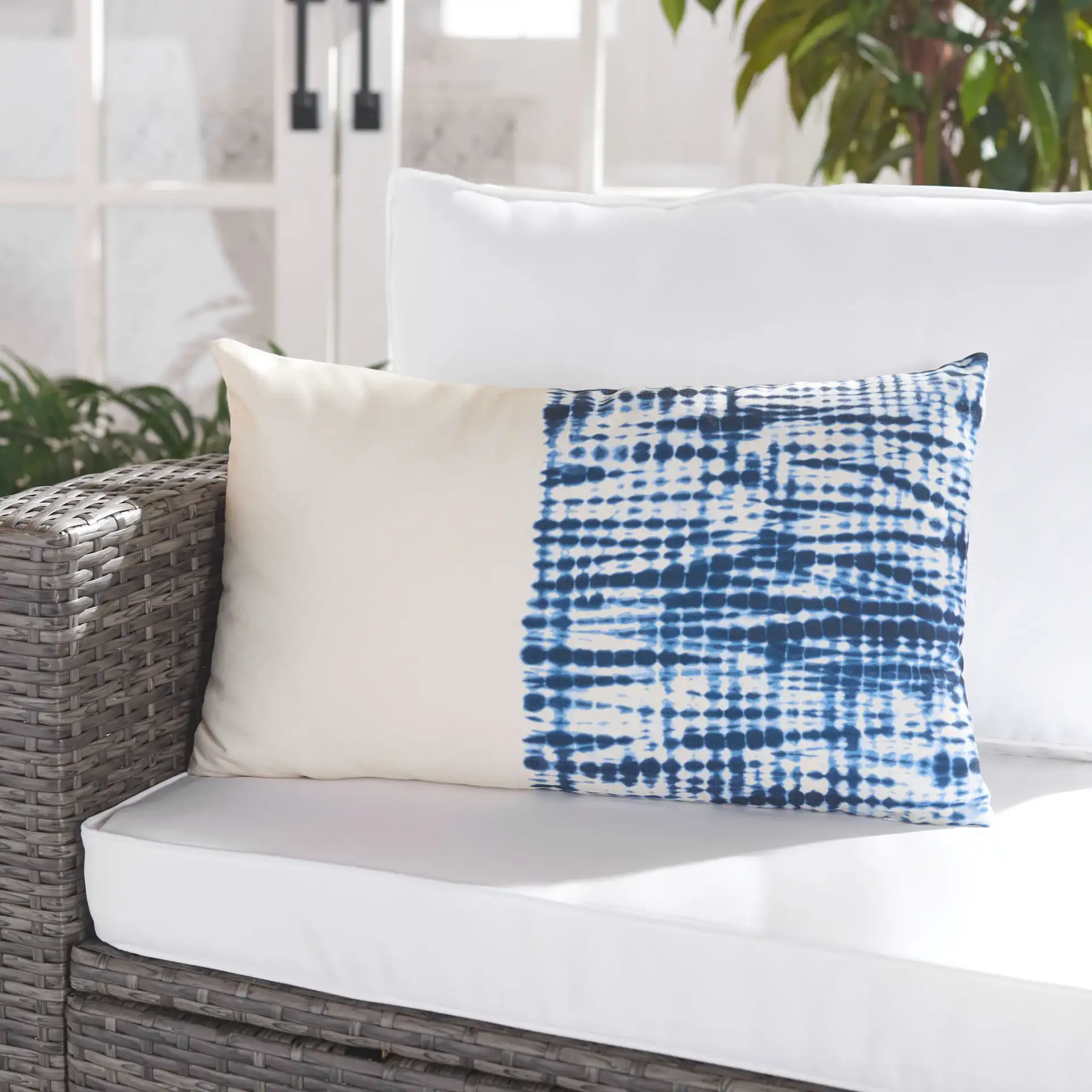 Arielle Pillow in Blue / White in a styled room