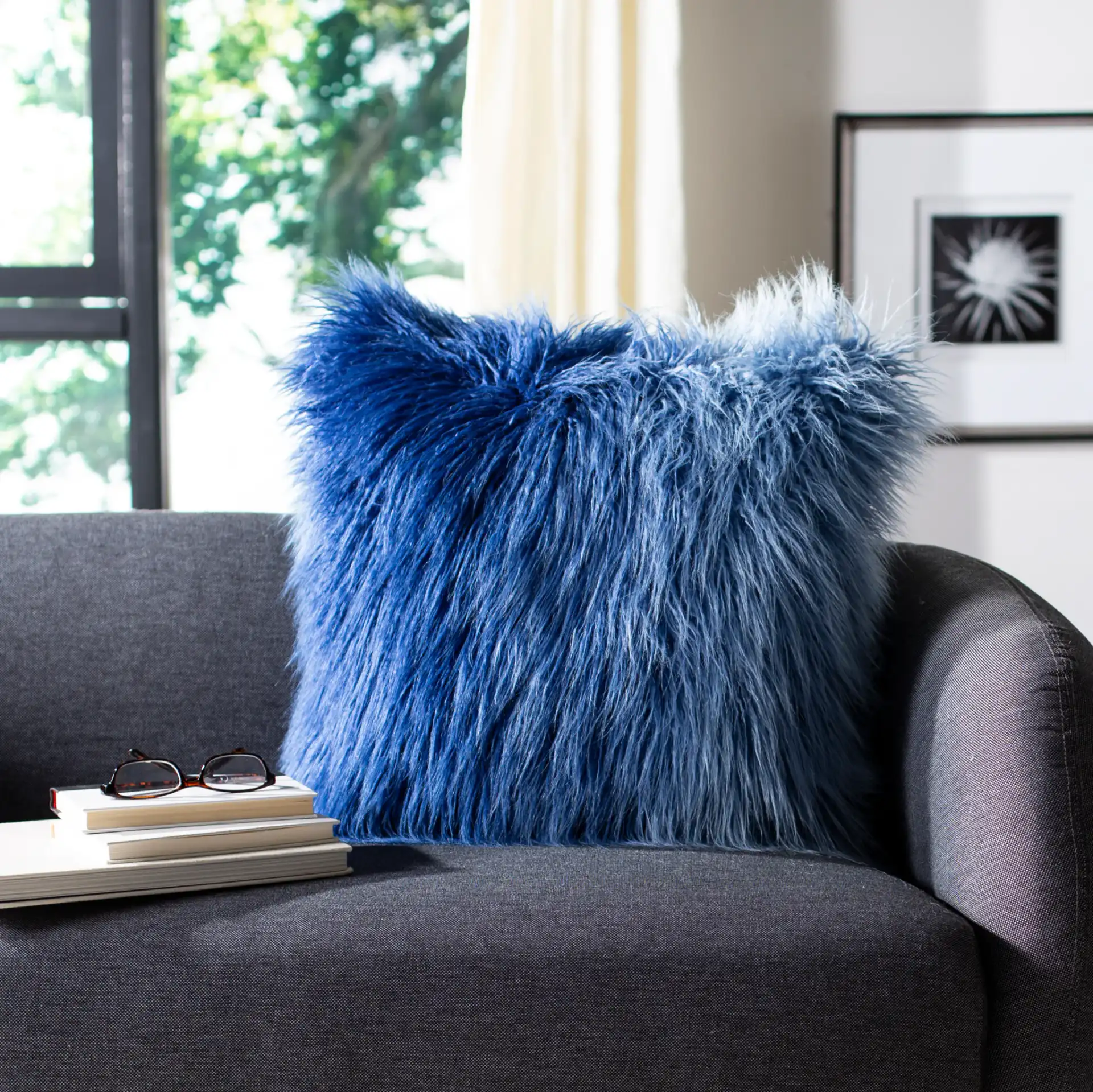 Faux Flokati Pillow in Blue in a styled room