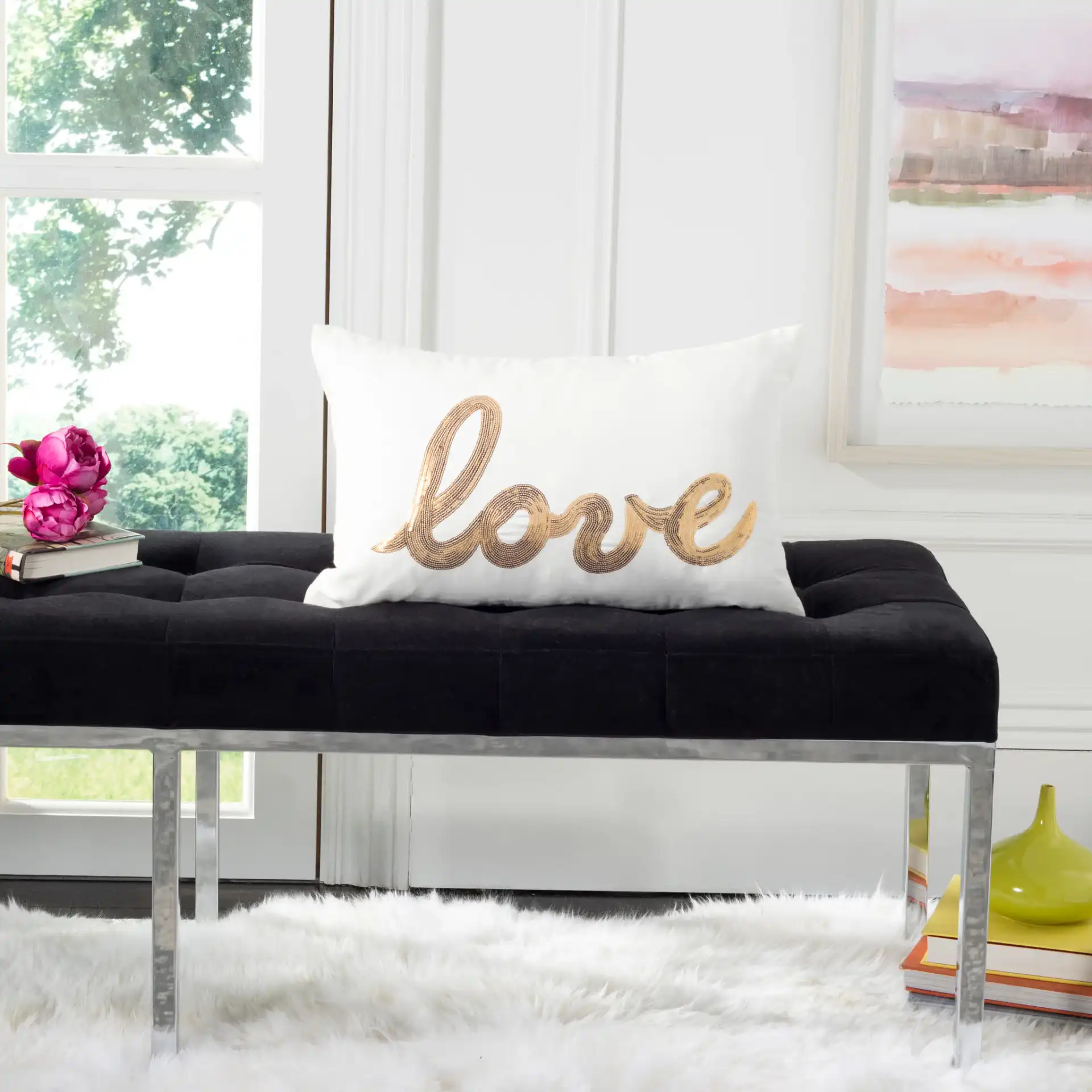 First Comes Love Pillow in Gold / Cream in a styled room