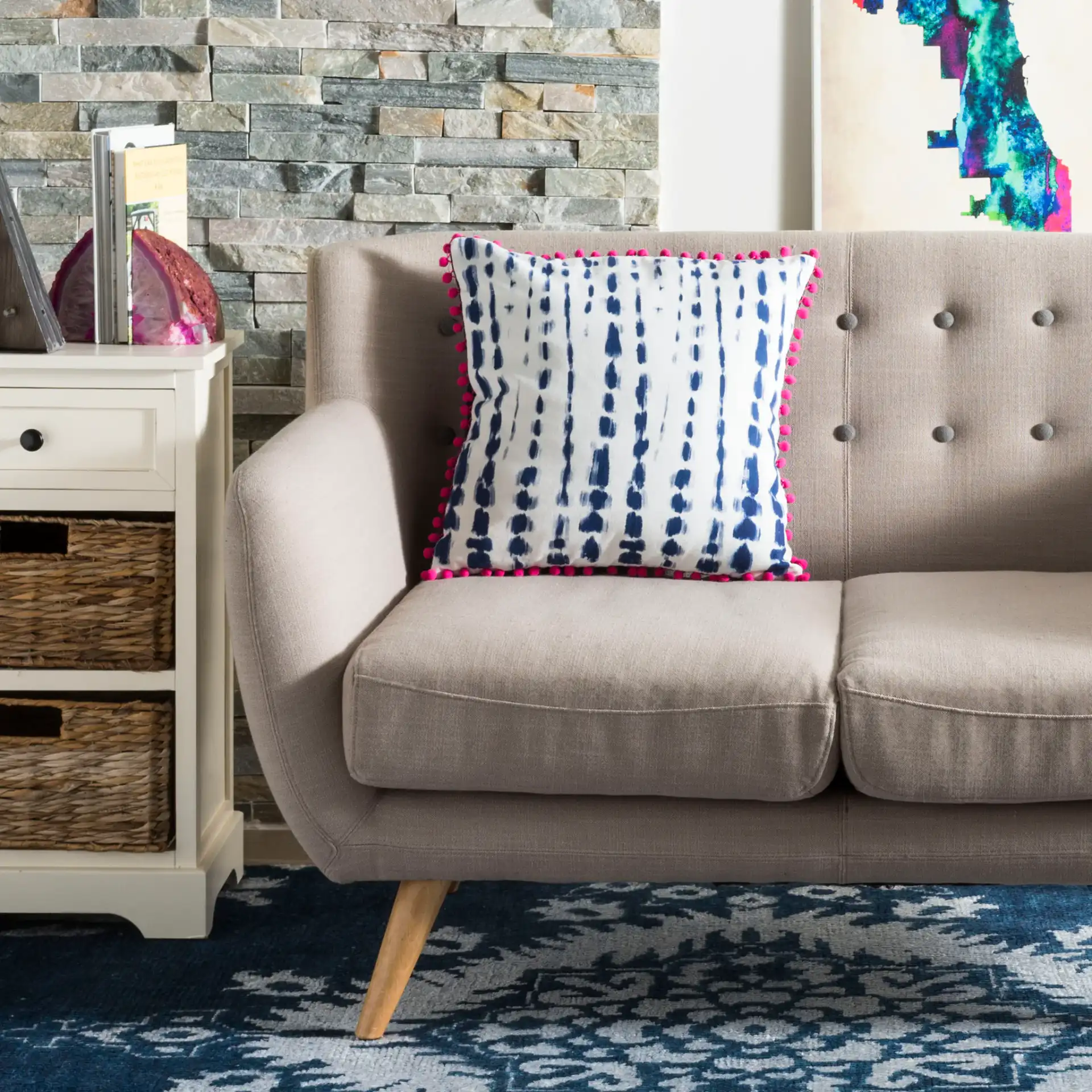 Atalia Pillow in Pink / Cream / Navy in a styled room