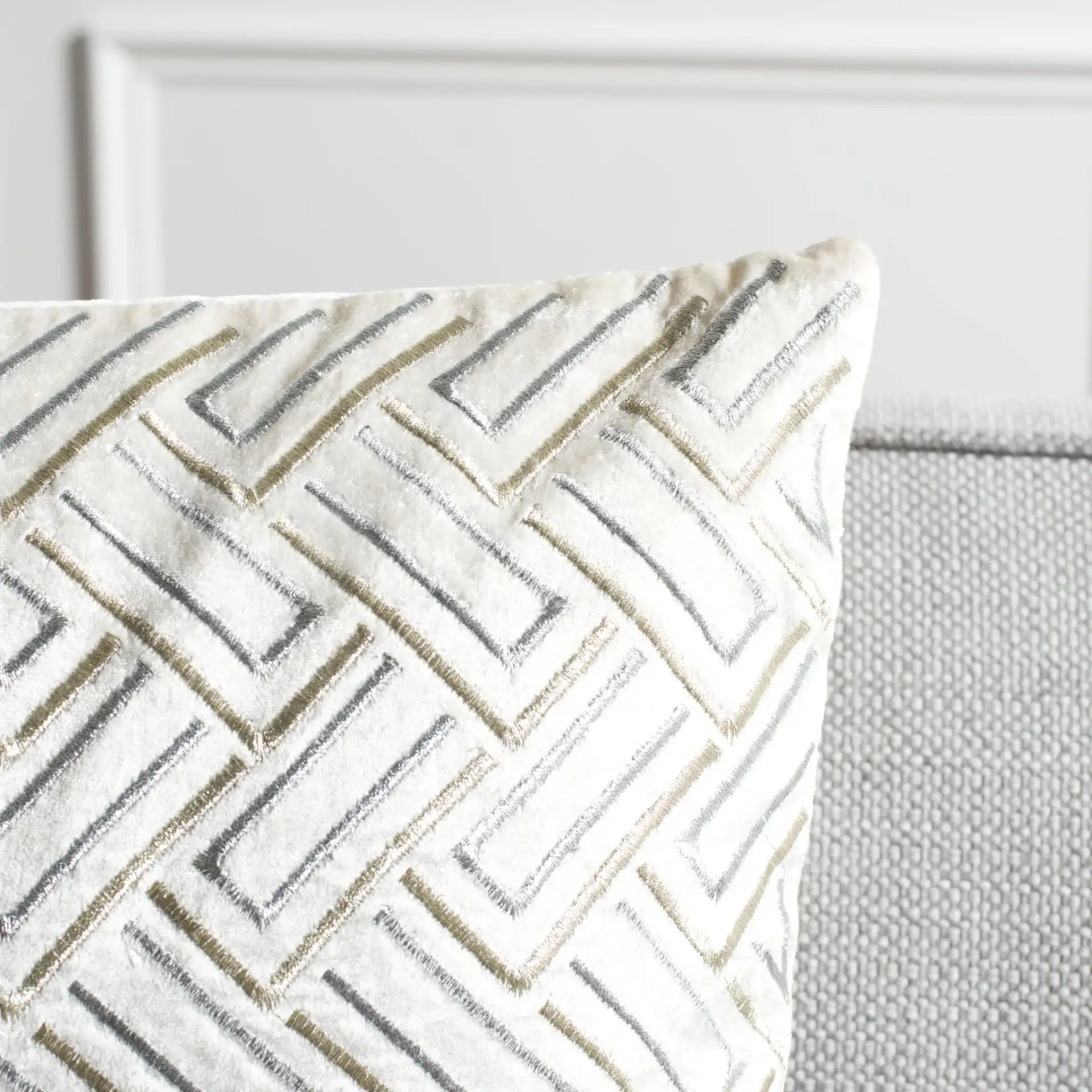 Metallic Pillow in Gray / Gold in a styled room
