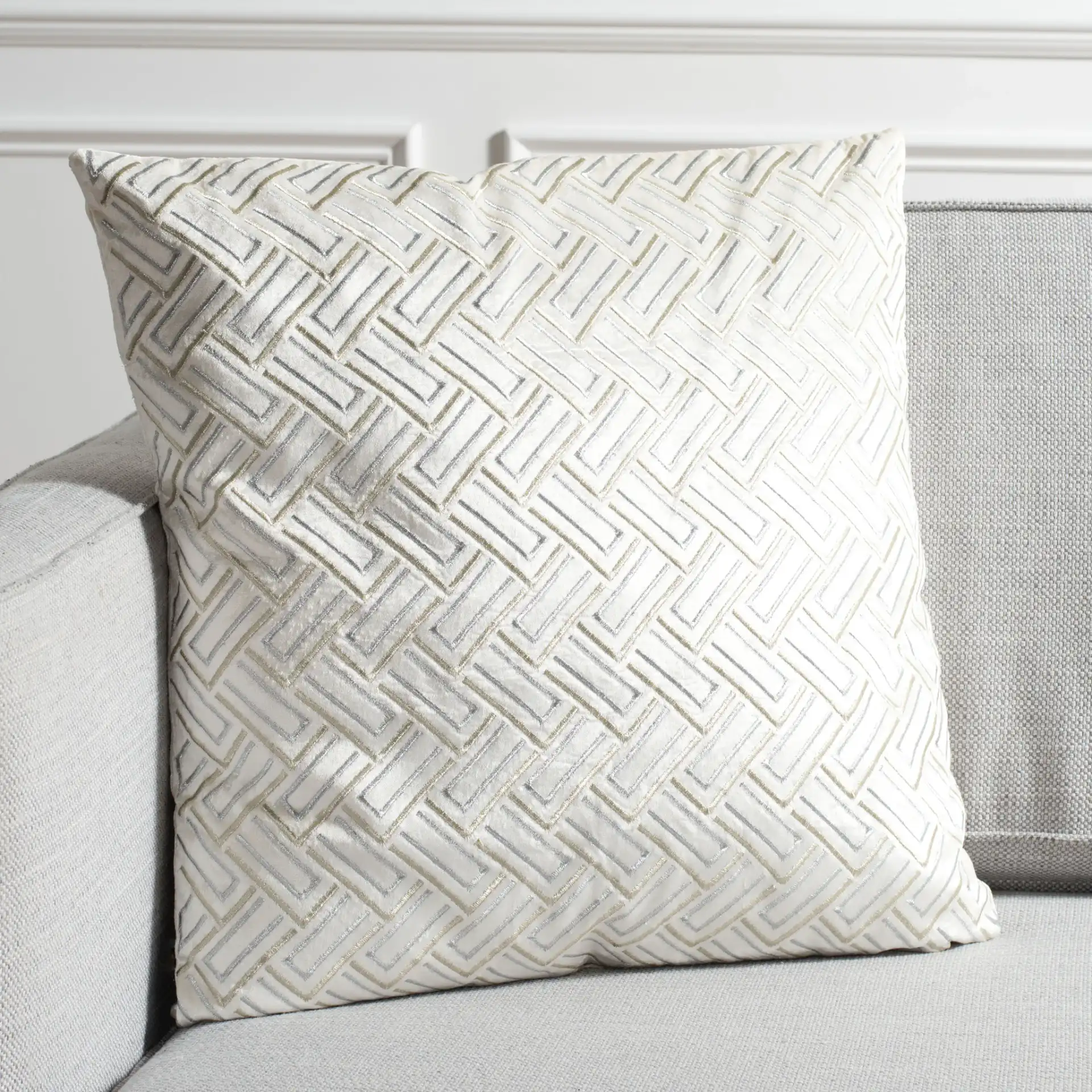 Metallic Pillow in Gray / Gold in a styled room