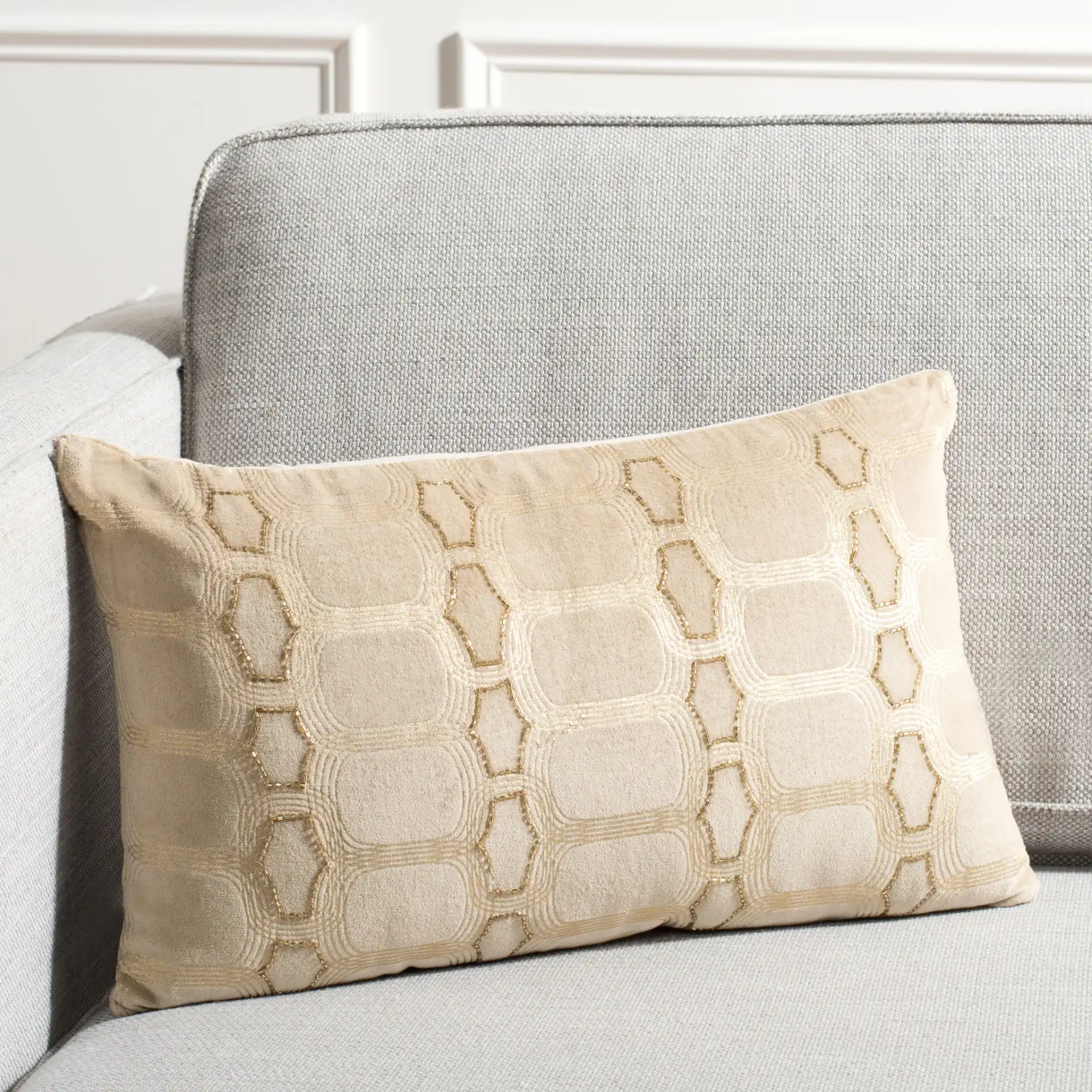 Adalie Pillow in Beige / Gold in a styled room