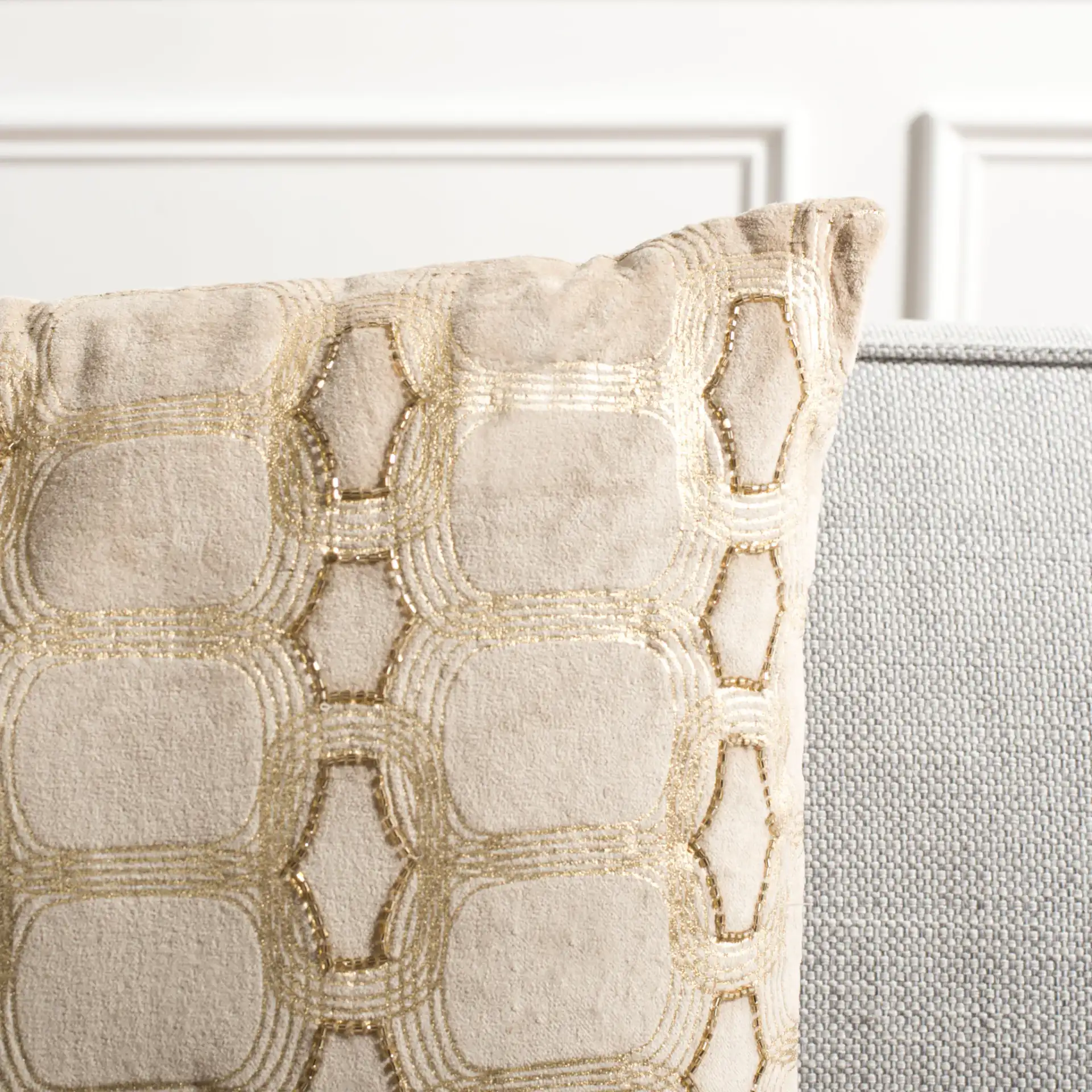 Adalie Pillow in Beige / Gold in a styled room