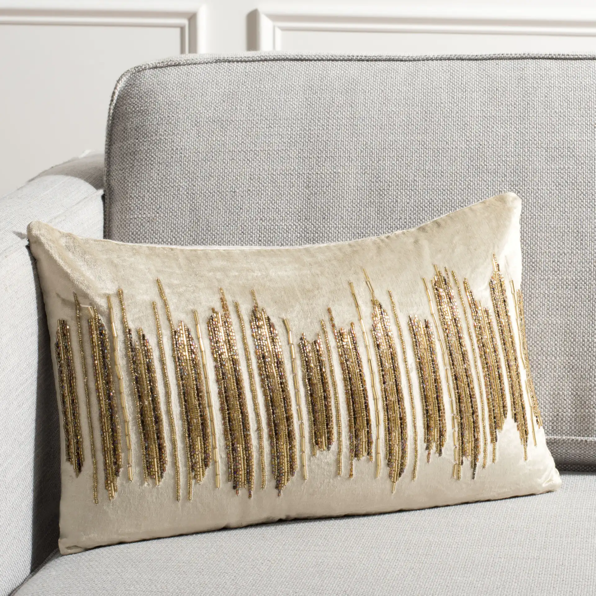 Deston Darling Pillow in Beige / Gold in a styled room