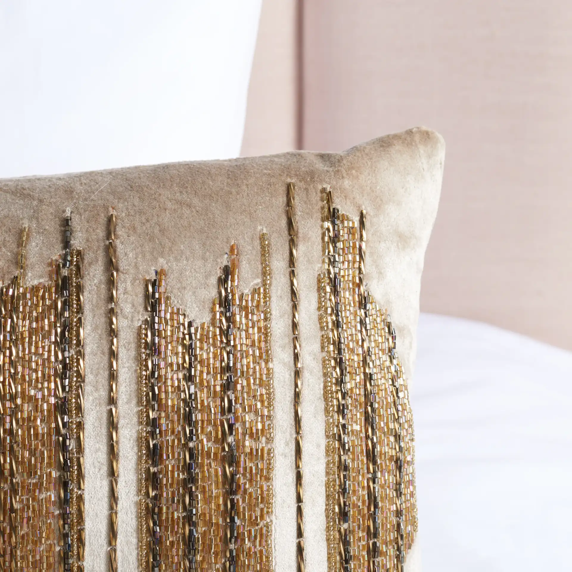 Deston Darling Pillow in Beige / Gold in a styled room
