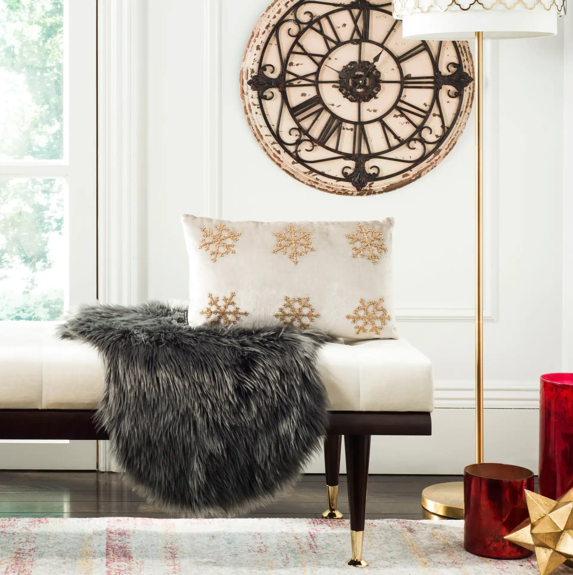 Sydnee Snowflake Pillow in Beige / Gold in a styled room