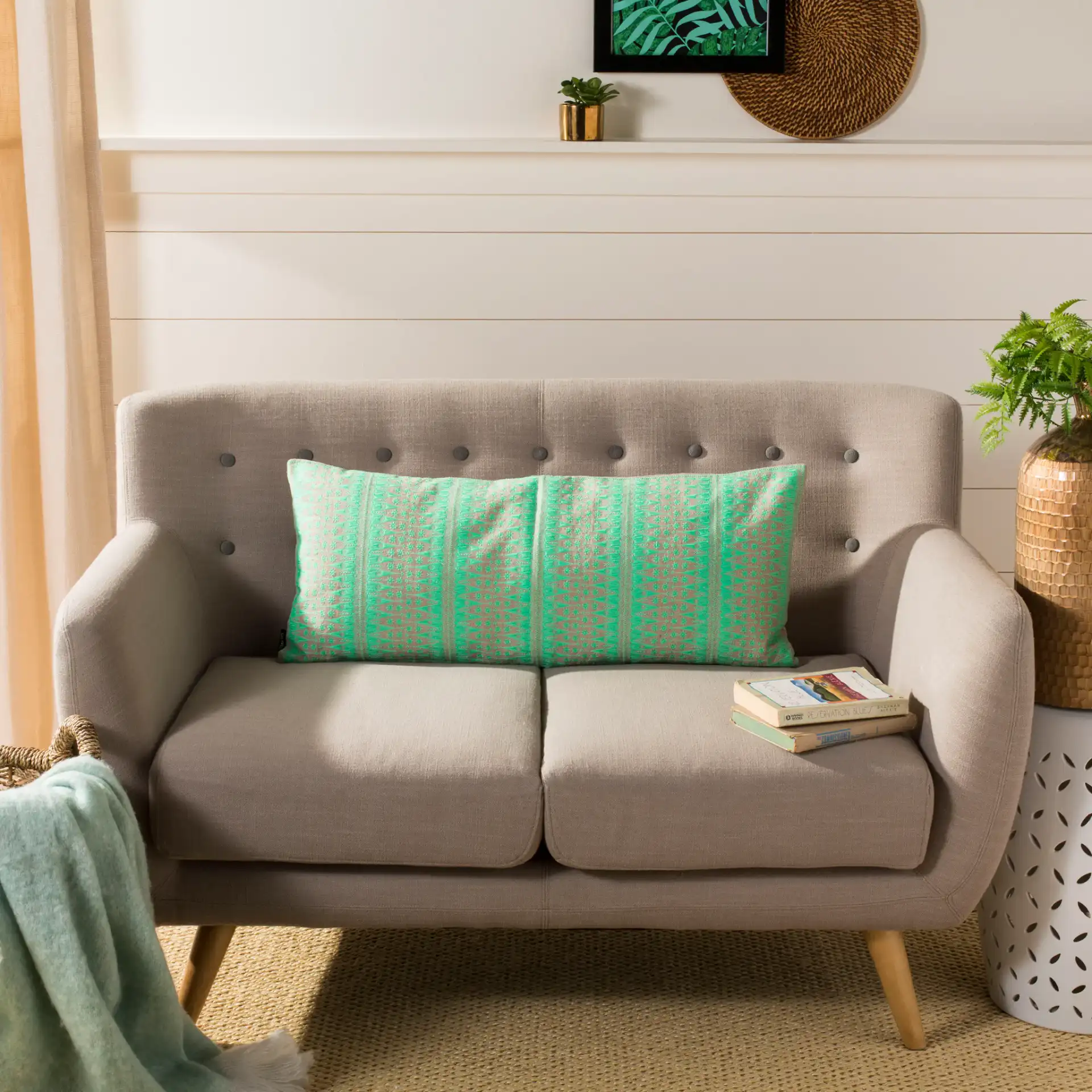 Parvin Pillow in Teal / Beige in a styled room