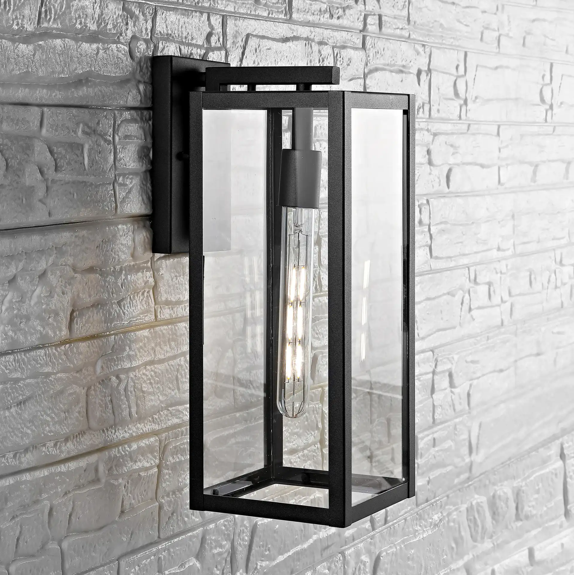 Welson Outdoor Wall Lantern in Black in a styled room