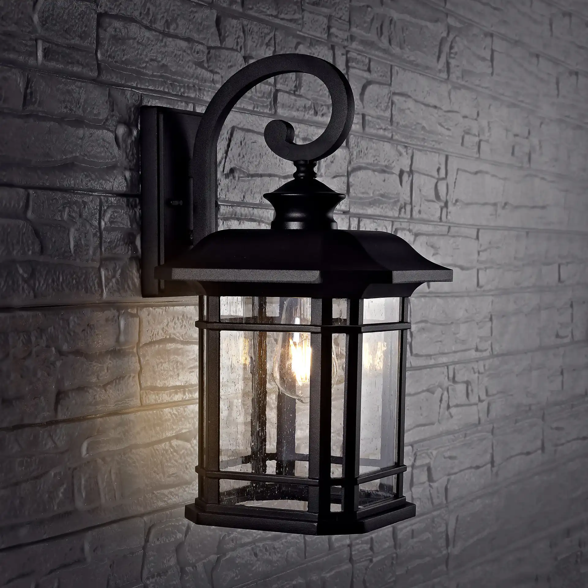 Cendra Outdoor Wall Lantern in Black in a styled room