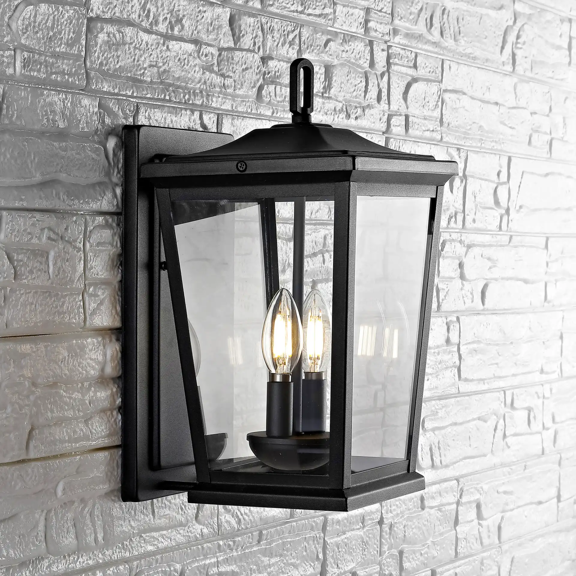 Morla Outdoor Wall Lantern in Black in a styled room