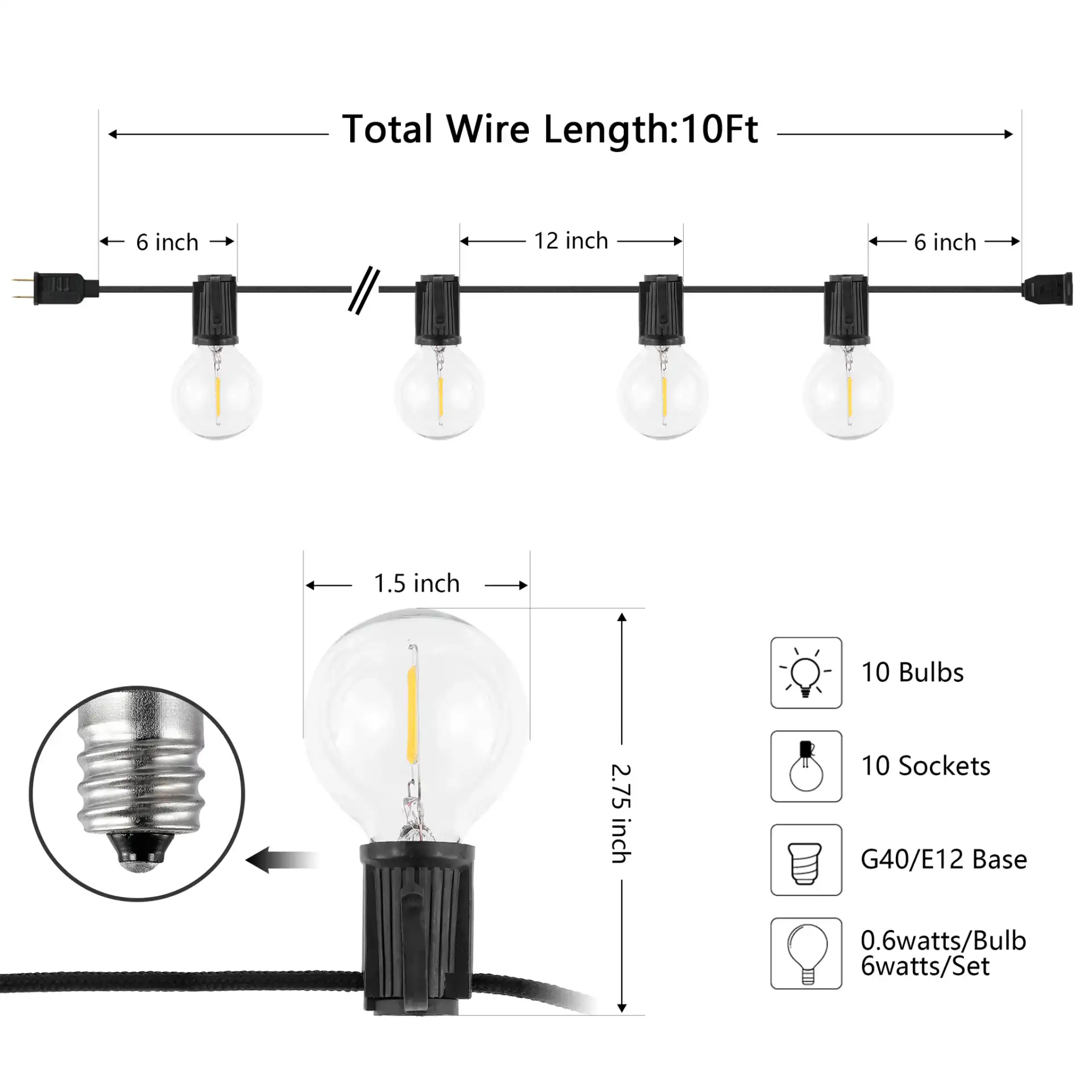 Leigh Outdoor String Light in Black, detail view