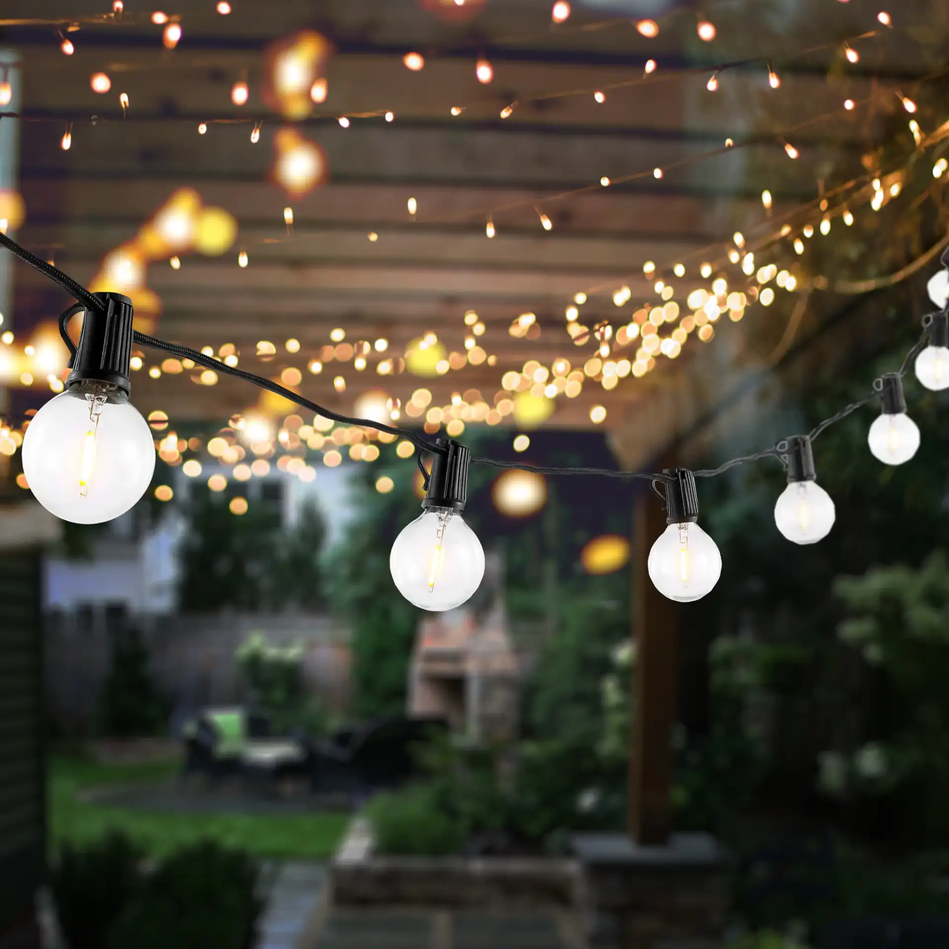 Leigh Outdoor String Light in Black in a styled room
