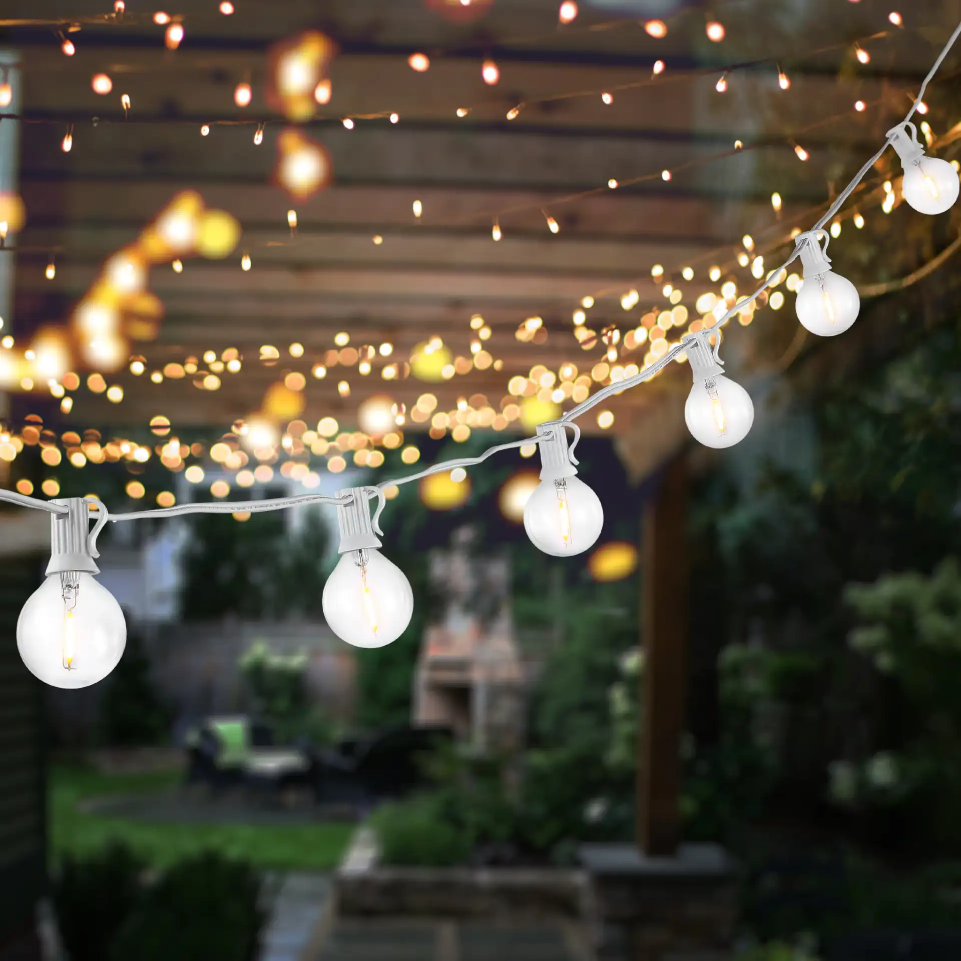 Chiera Led Outdoor String Lights in White in a styled room