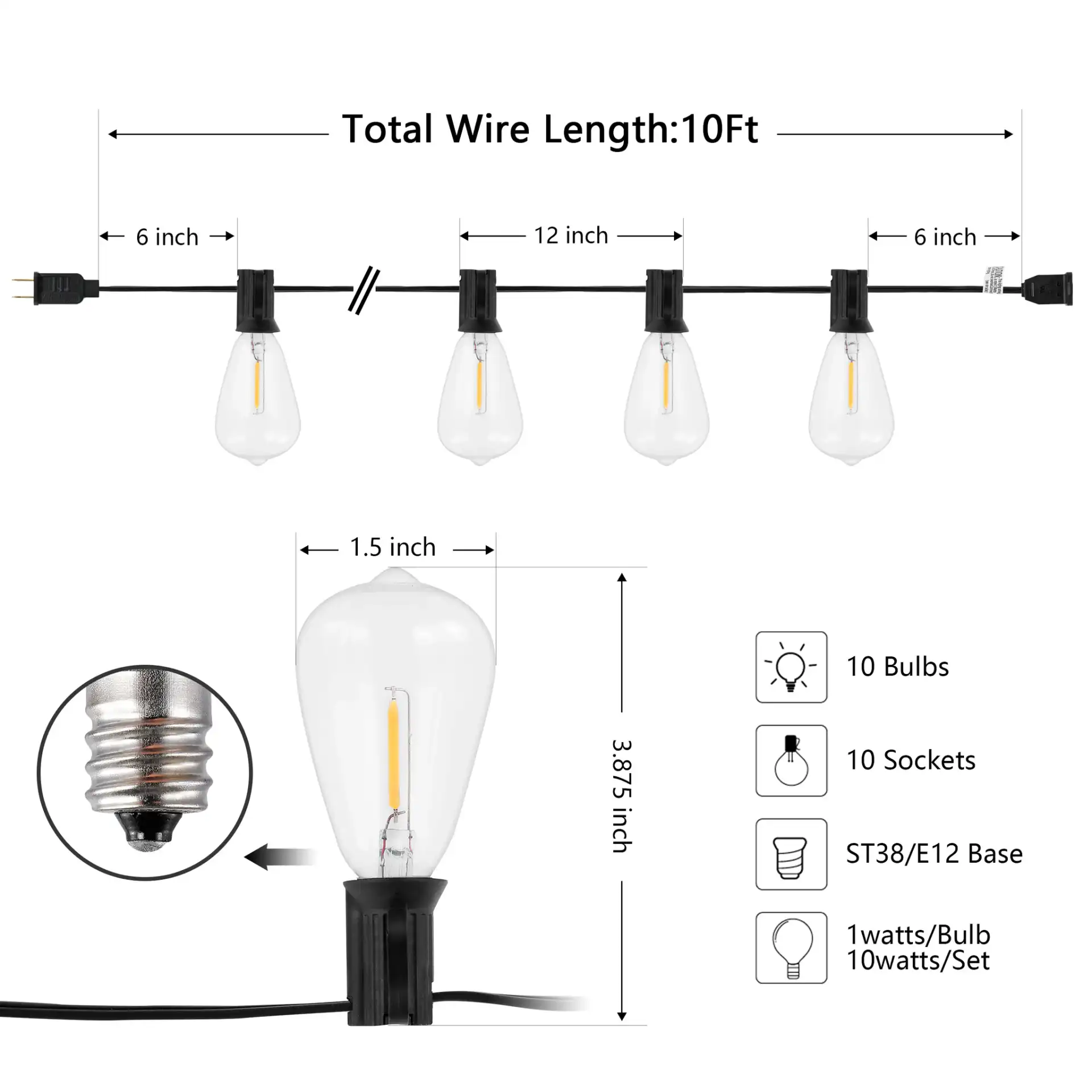 Dorcia Led Outdoor String Light in Black, detail view