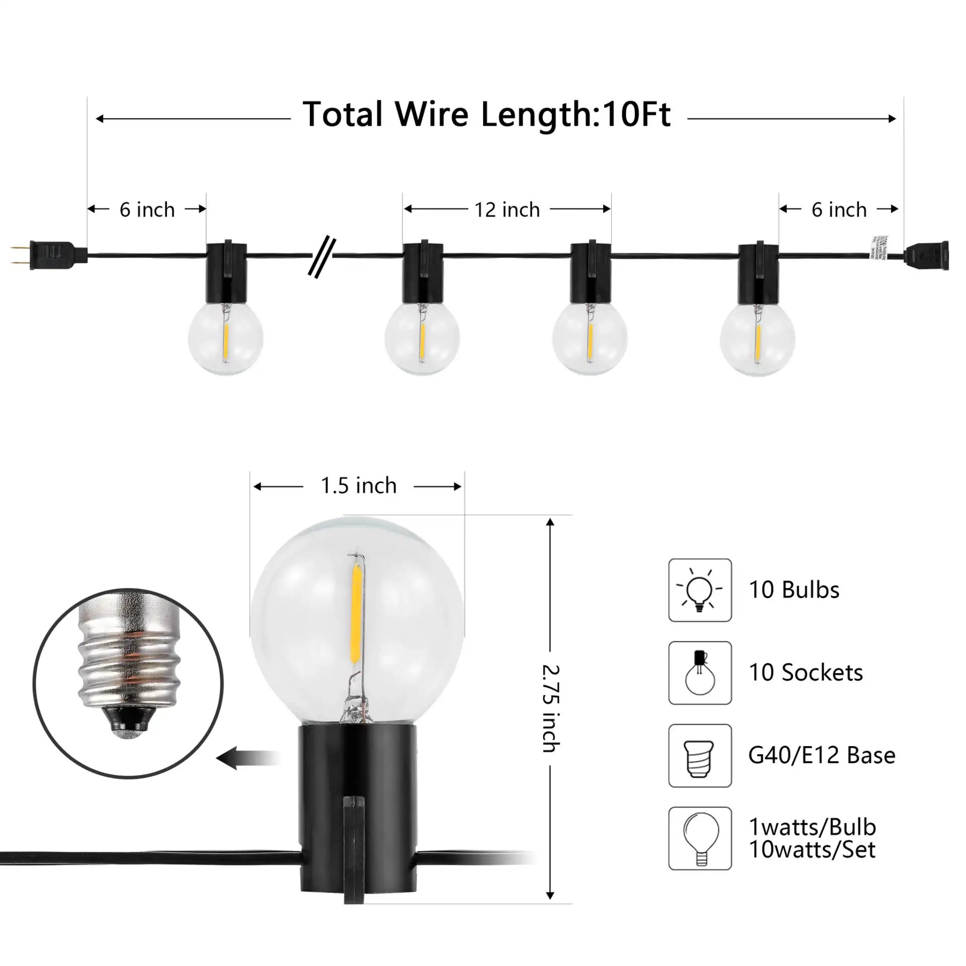 Huron Led Outdoor String Light in Black, detail view