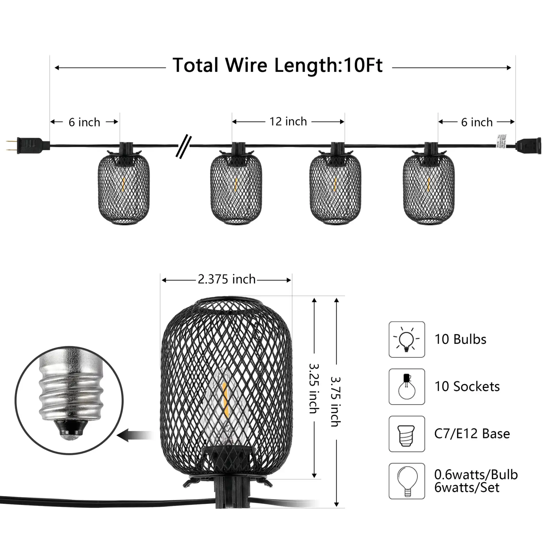 Jepsen Led Outdoor String Light in Black, detail view