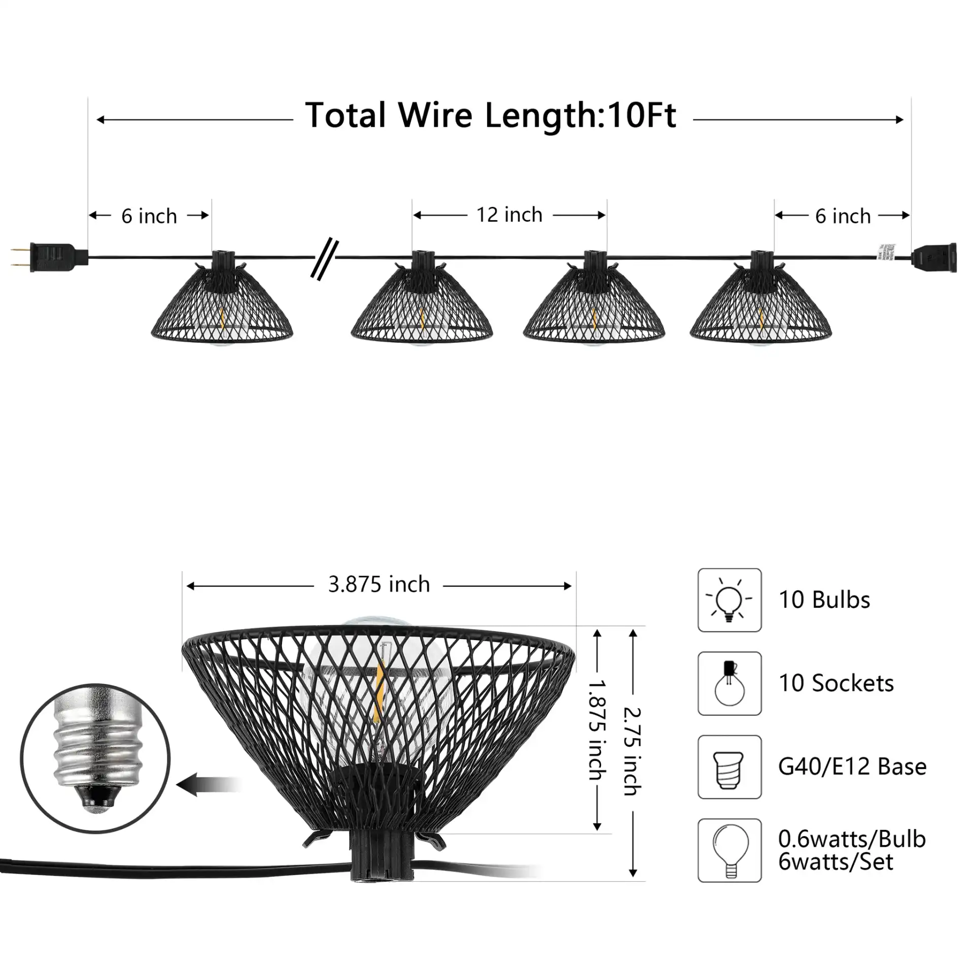 Junia Led Outdoor String Light in Black, detail view