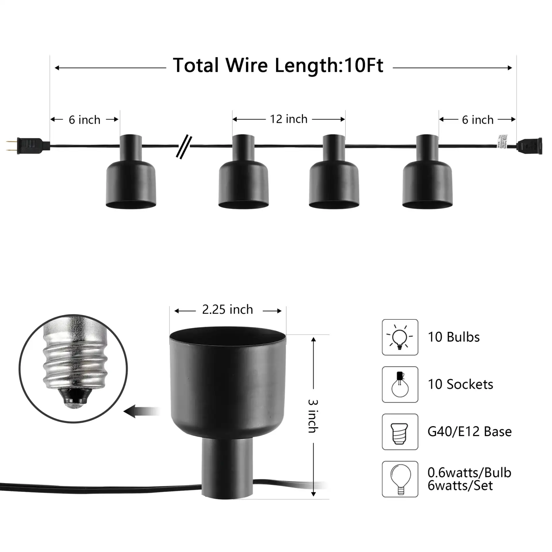 Adaner Led Outdoor String Lights in Black, detail view