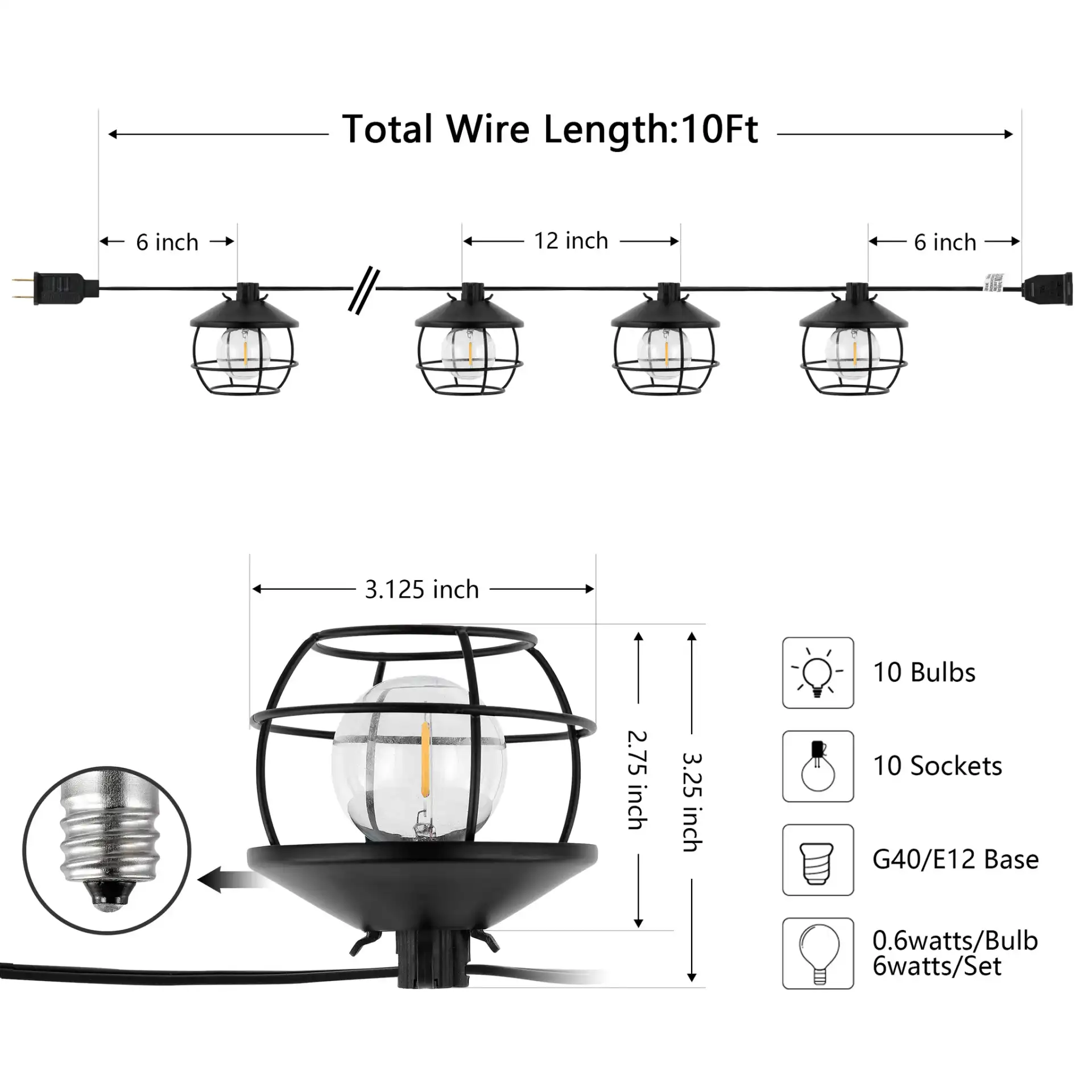 Agitha Led Outdoor String Light in Black, detail view