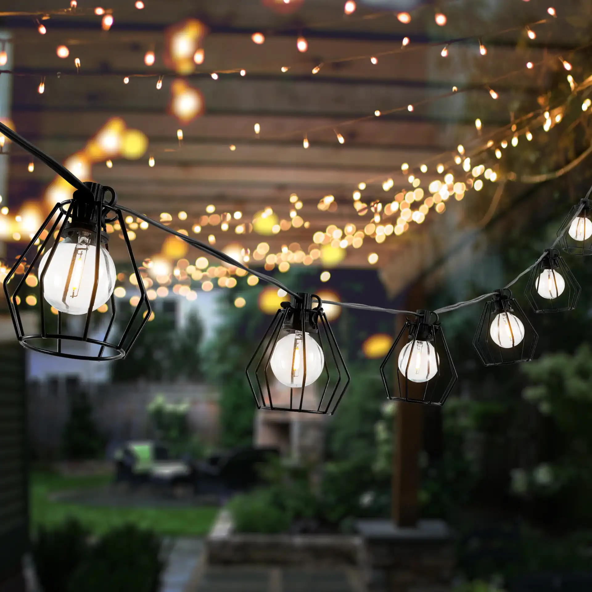 Bowne Led Outdoor String Light in Black in a styled room