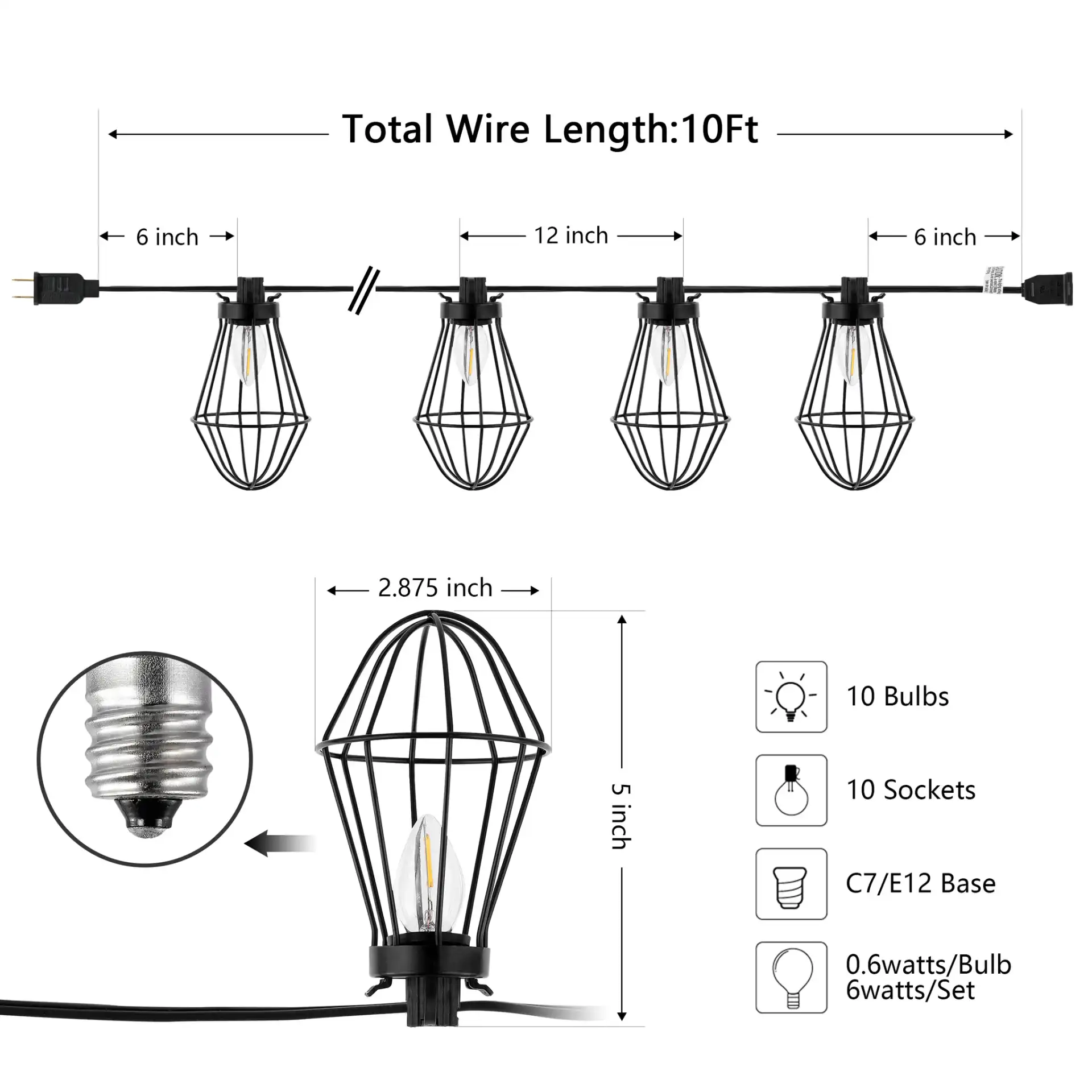 Ellina Led Outdoor String Light in Black, detail view
