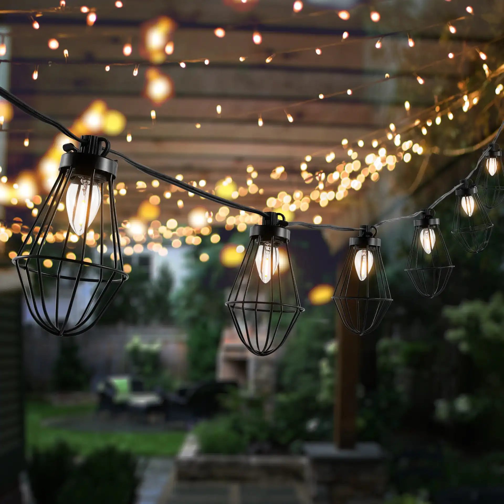 Ellina Led Outdoor String Light in Black in a styled room