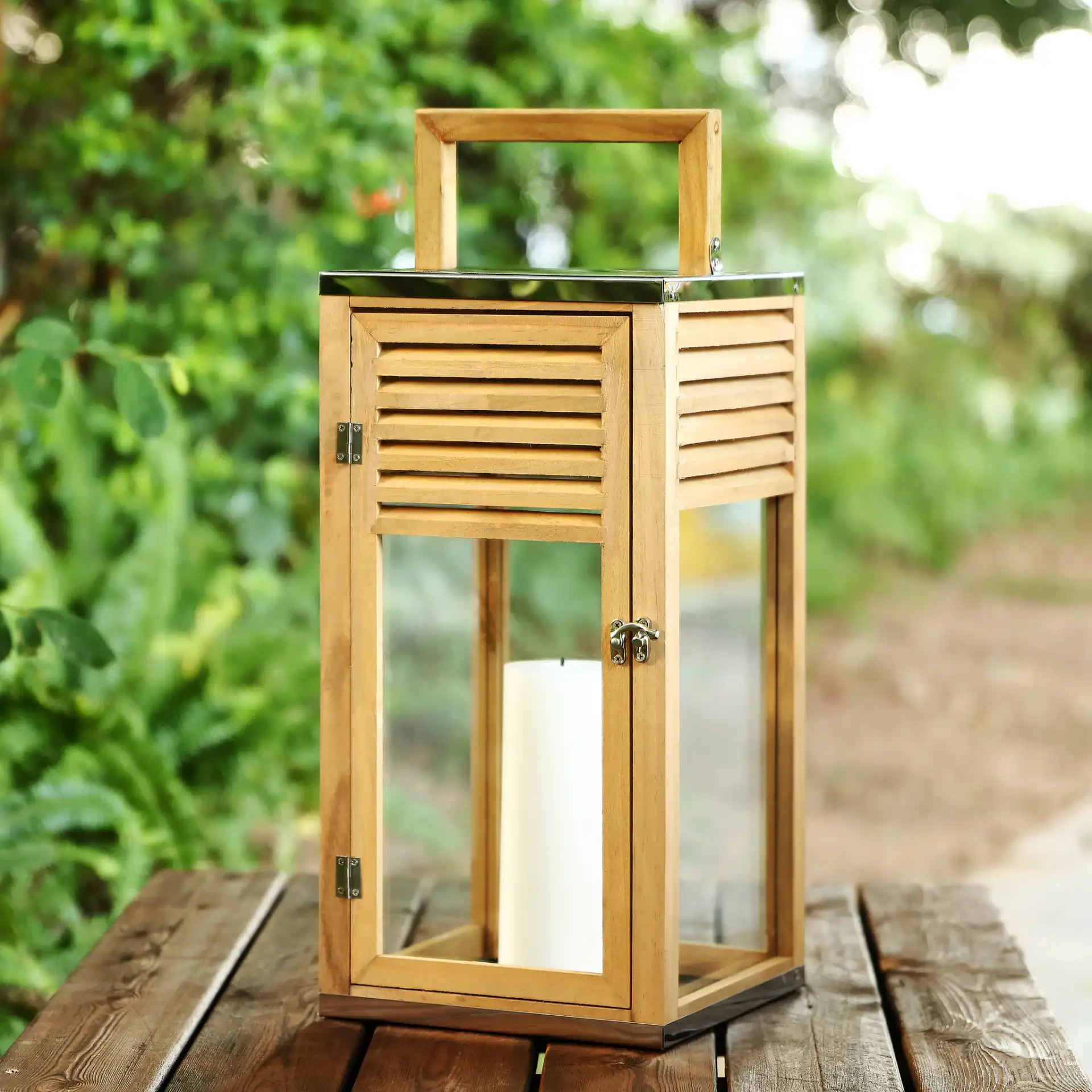 Alenna Outdoor Lantern in Brown in a styled room