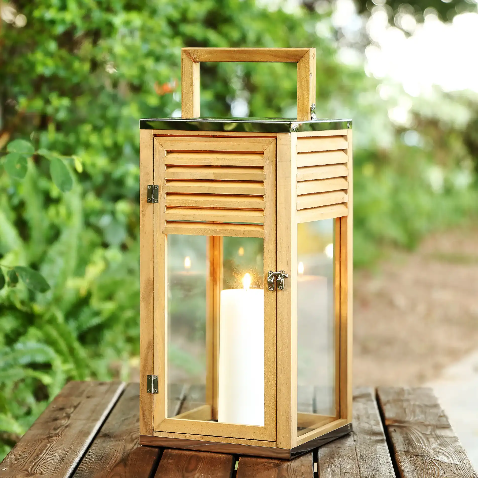 Alenna Outdoor Lantern in Brown in a styled room