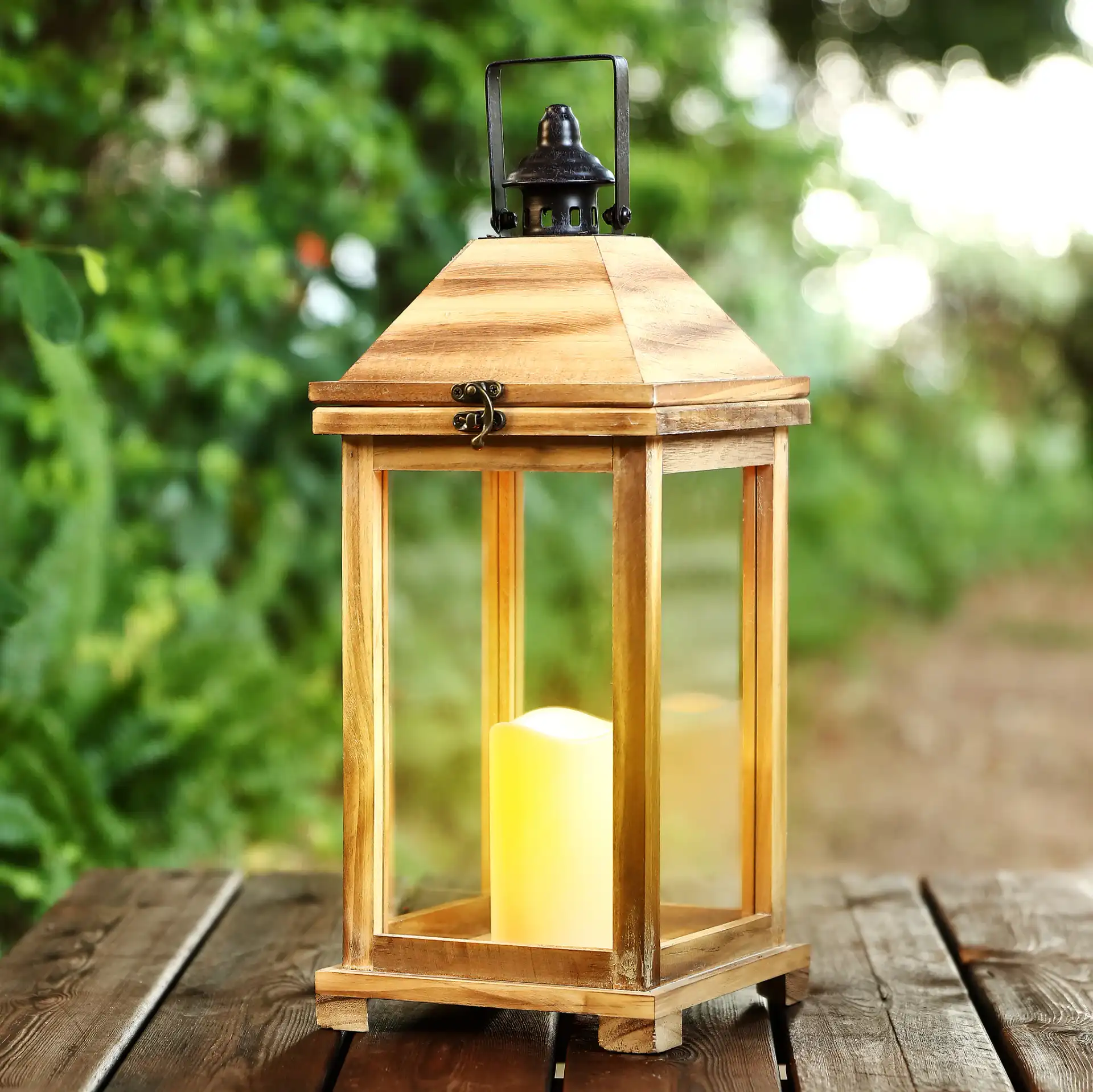 Elida Outdoor Lantern in Brown in a styled room