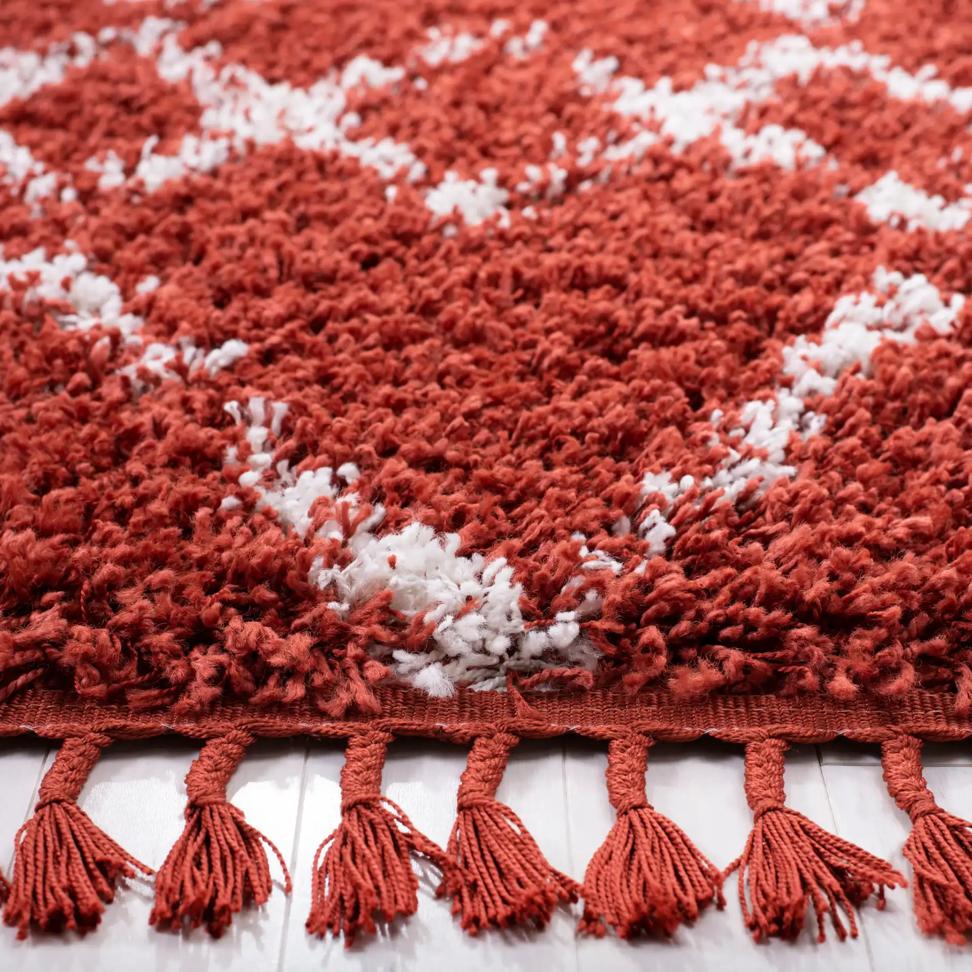 Pro Lux Diamond Lattice Shag Rug in Rust / Cream in a styled room
