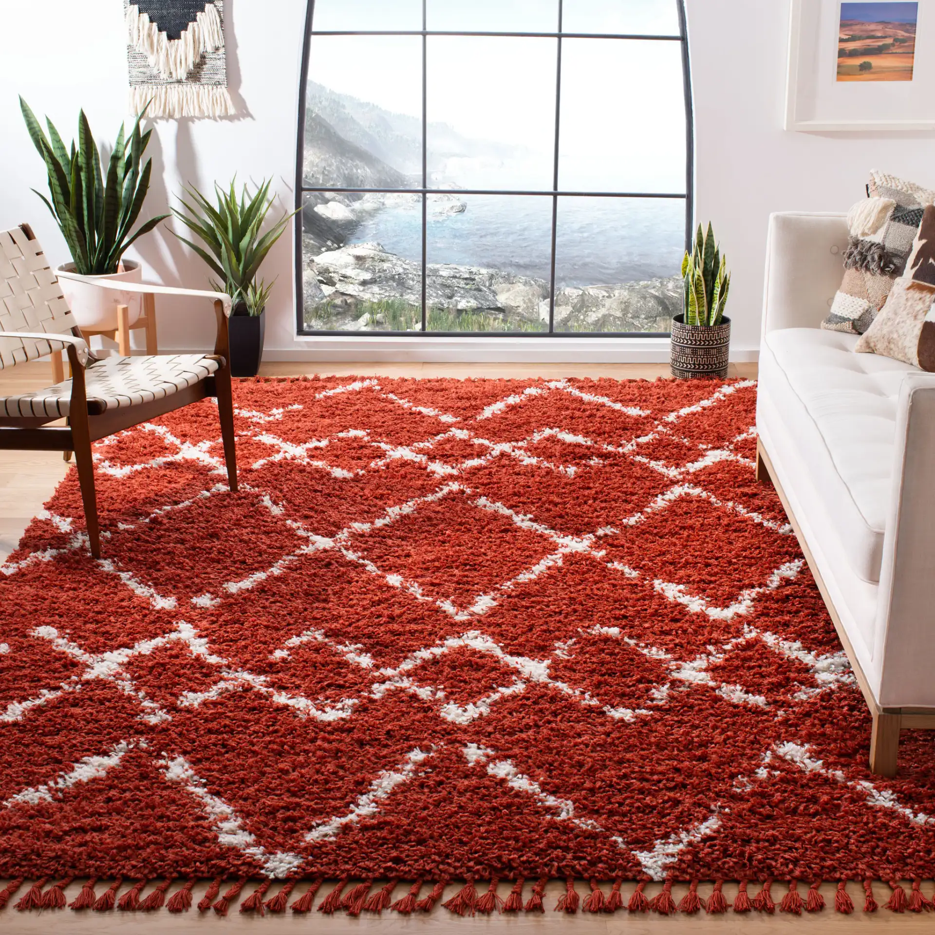 Pro Lux Diamond Lattice Shag Rug in Rust / Cream in a styled room
