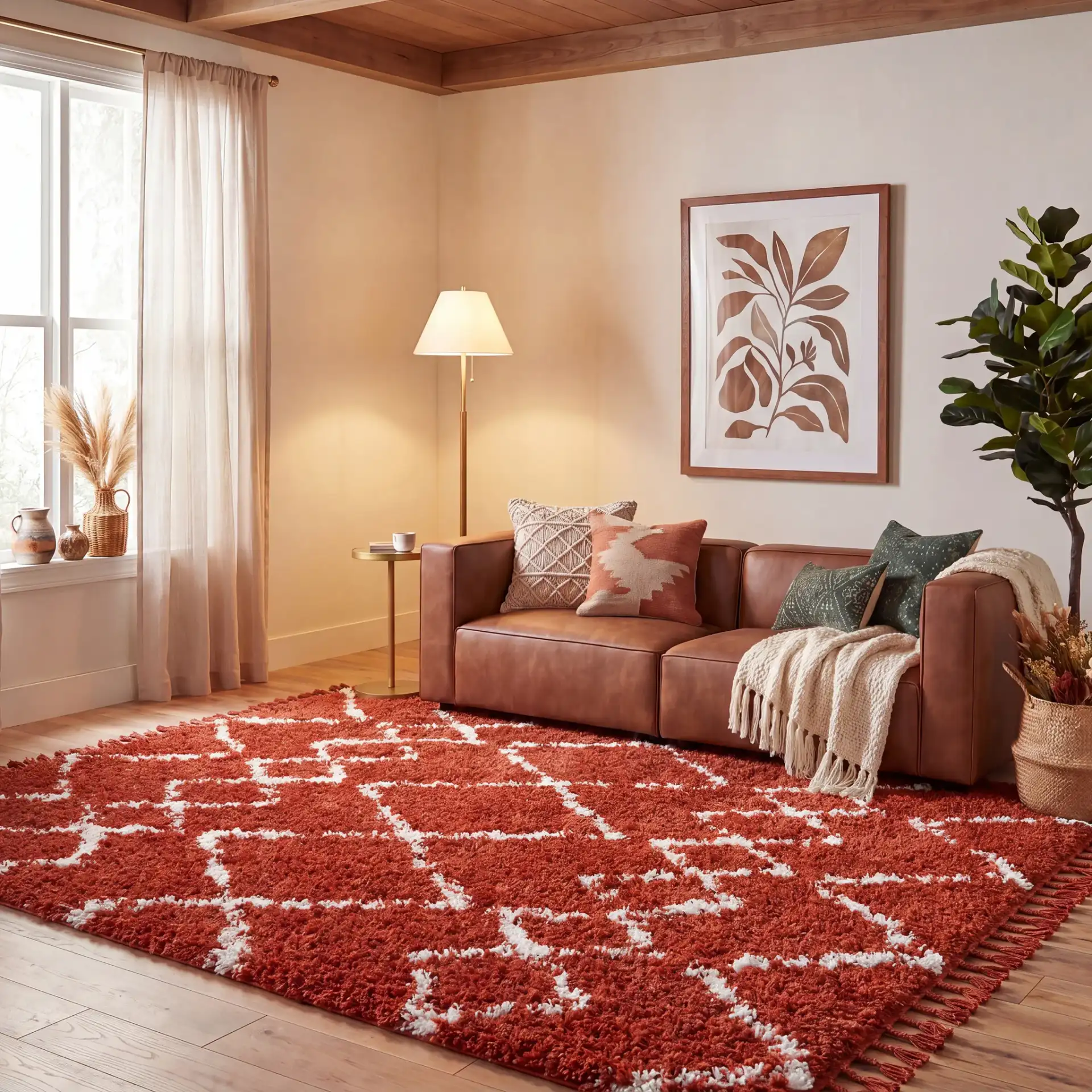 Pro Lux Diamond Lattice Shag Rug in Rust / Cream in a styled room