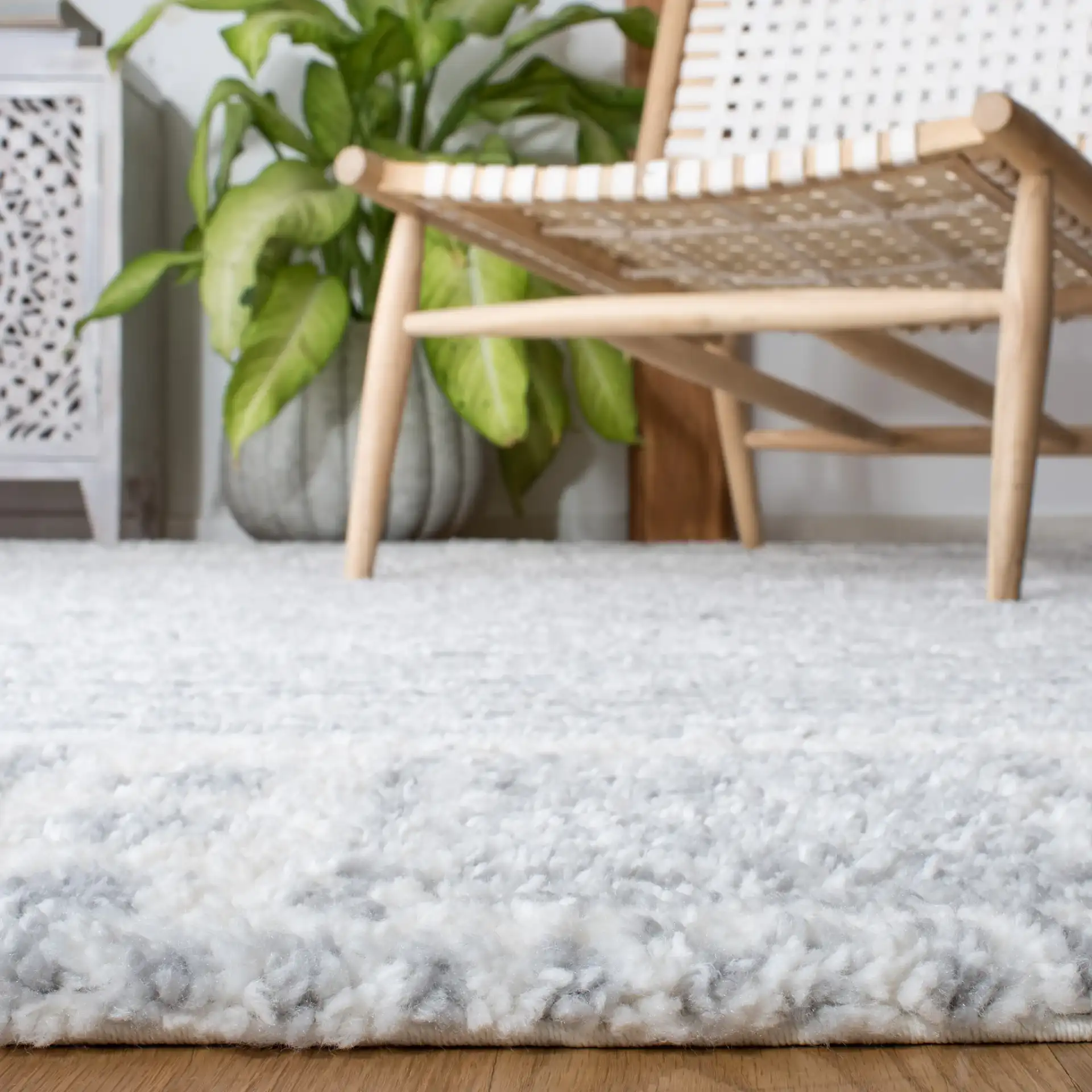 Parma Striped Border Shag Rug in Gray / Ivory in a styled room