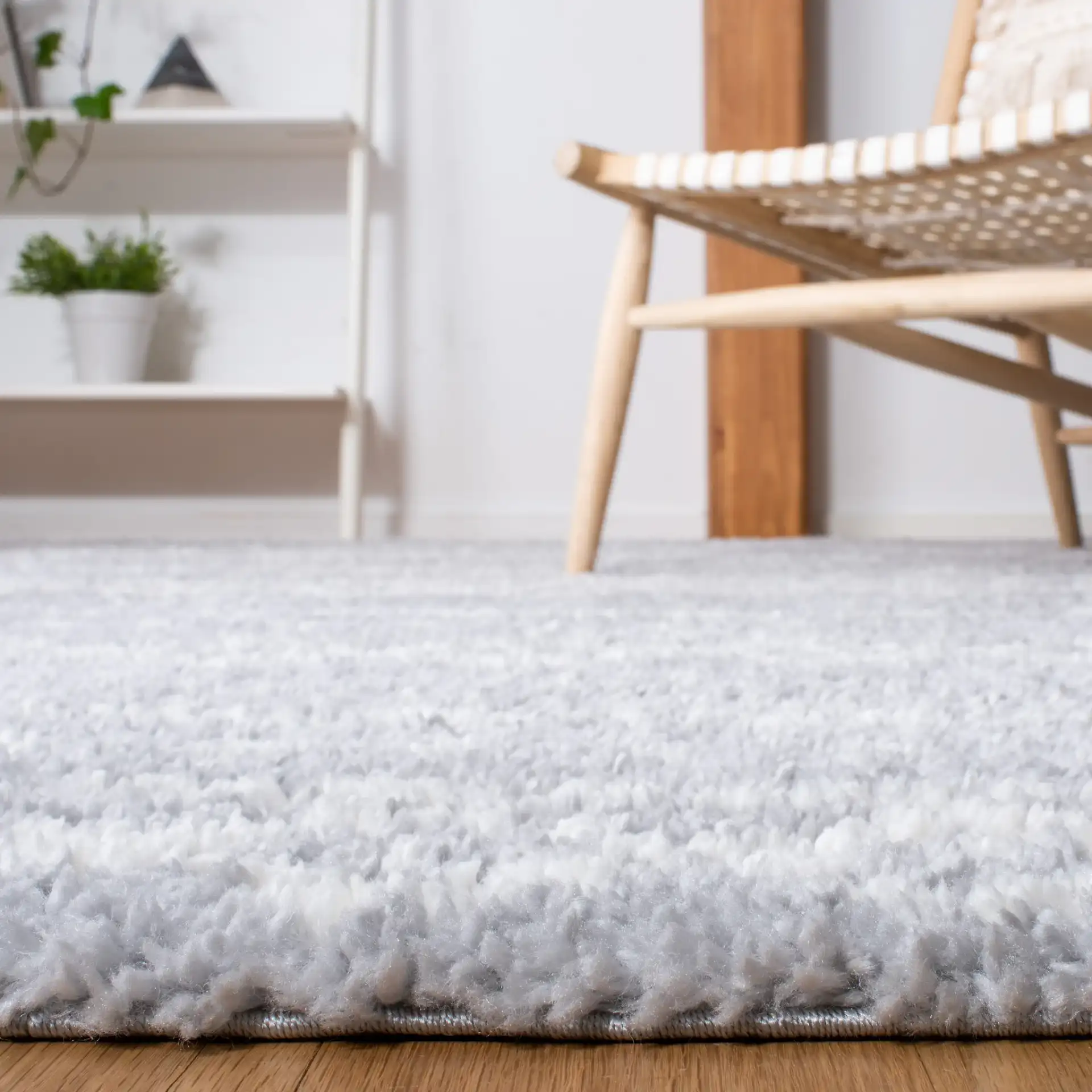 Parma Banded Moroccan Shag Rug in Gray / Ivory in a styled room