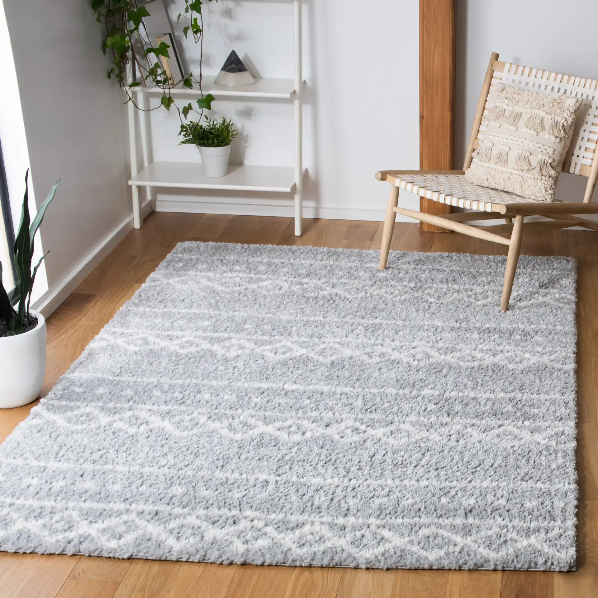 Parma Banded Moroccan Shag Rug in Gray / Ivory in a styled room