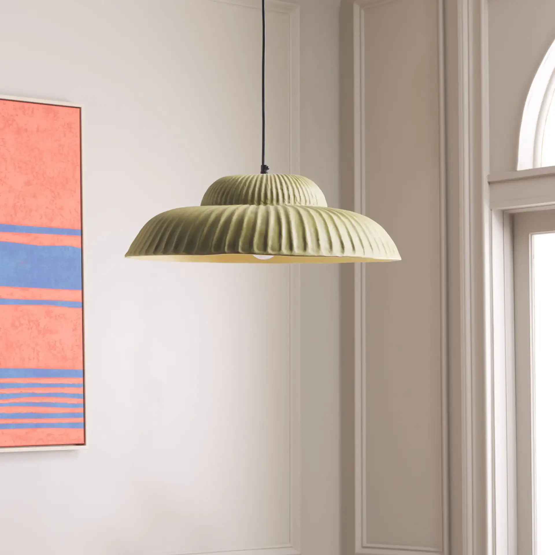 Destryn 21" Pendant in Sage in a styled room