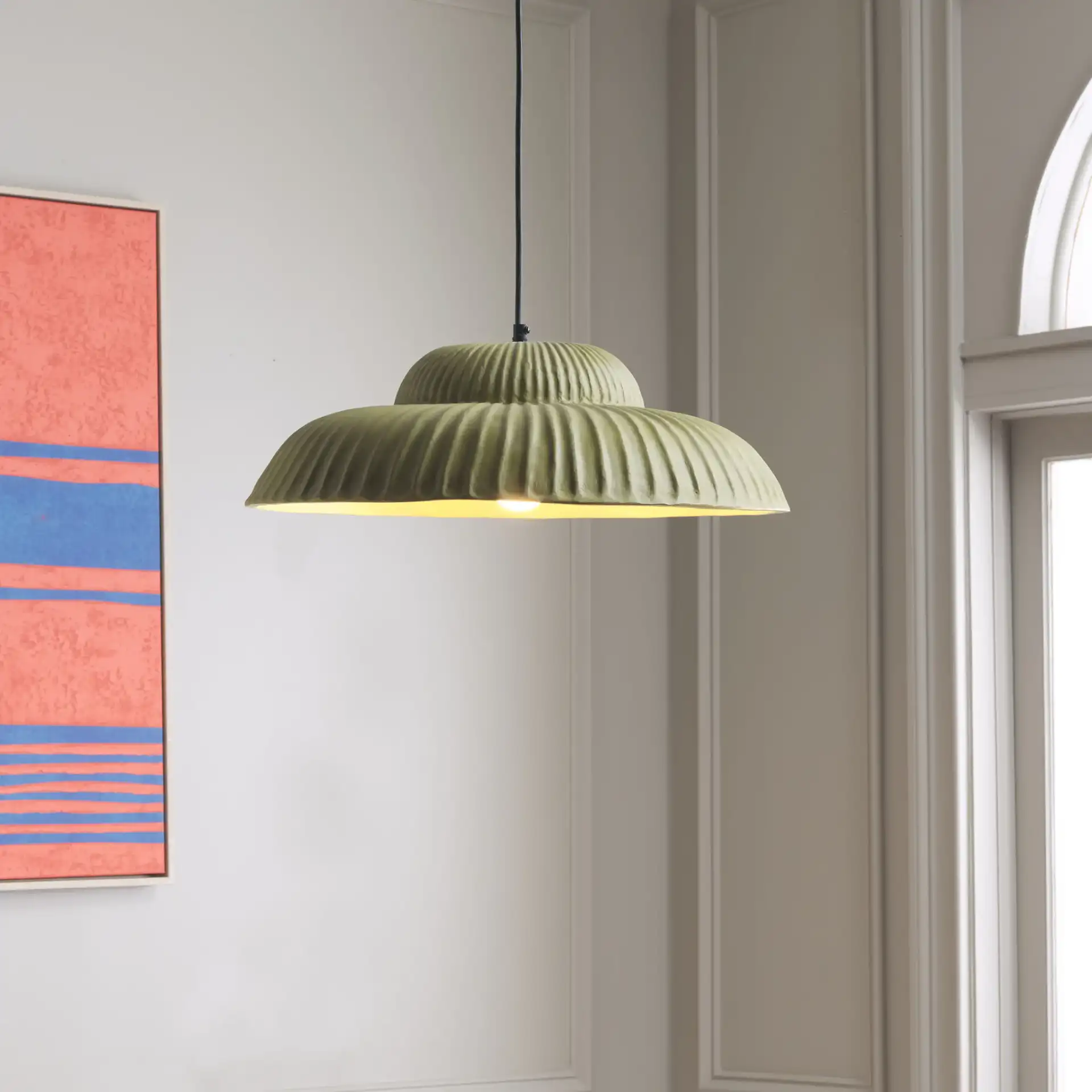 Destryn 21" Pendant in Sage in a styled room