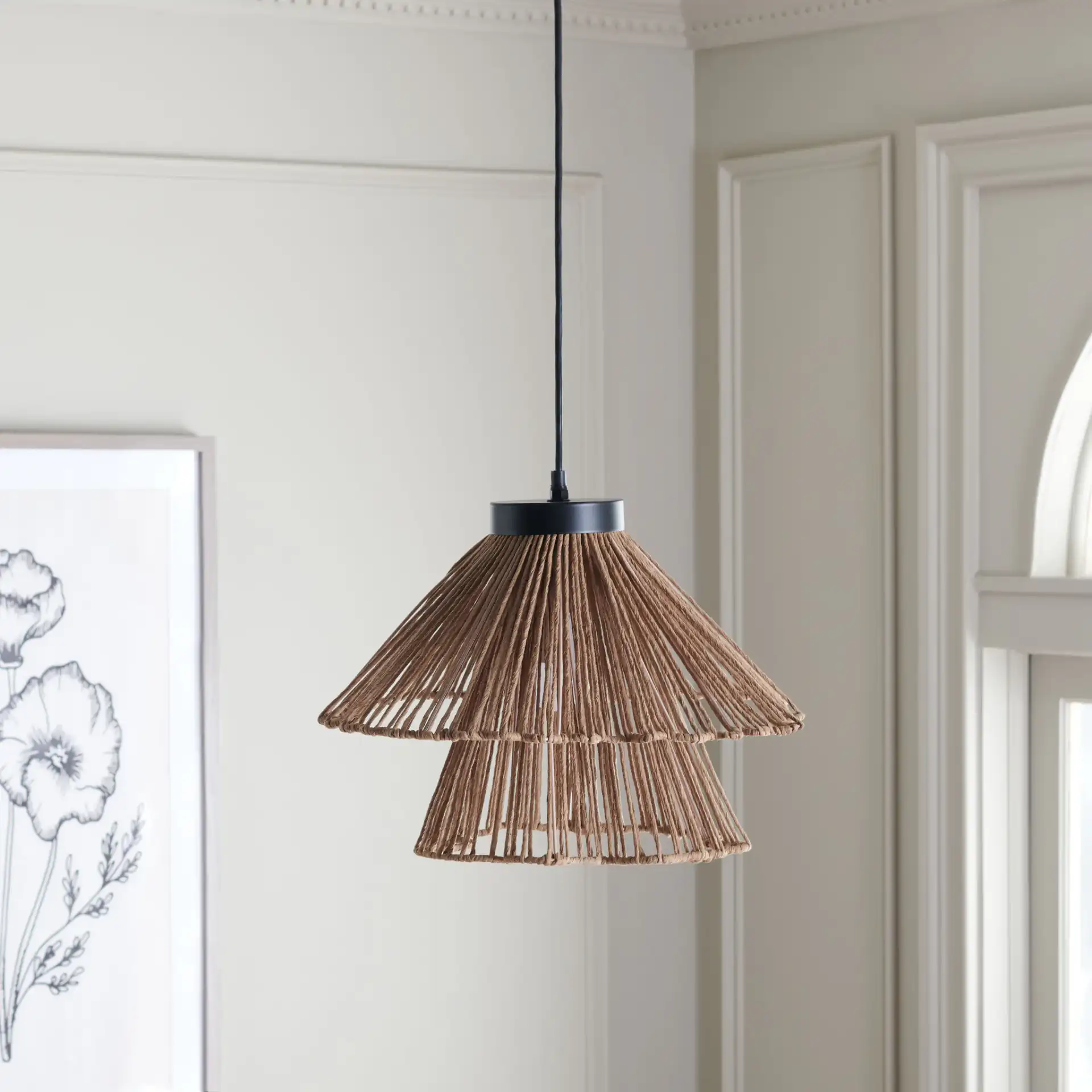 Kaia Pendant in Natural / Black in a styled room